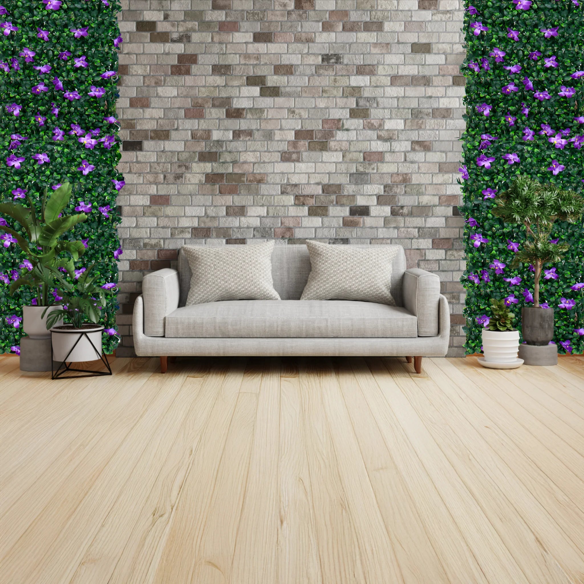 cozy living room with a couch artificial trellis screening on a wall