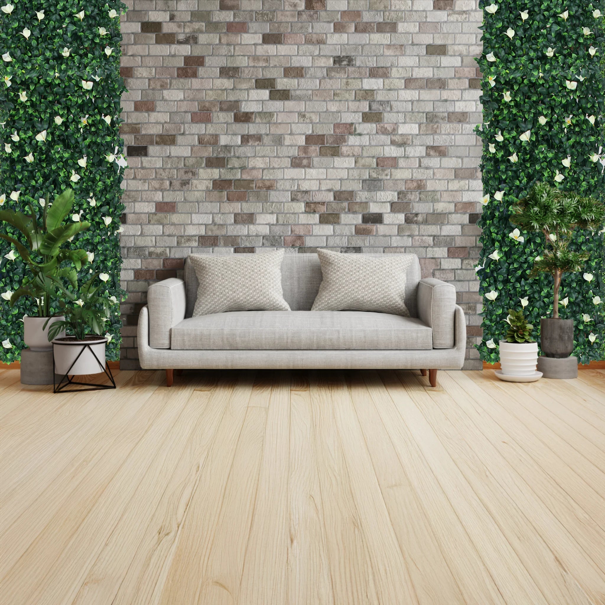 cozy living room with a couch artificial trellis screening on a wall