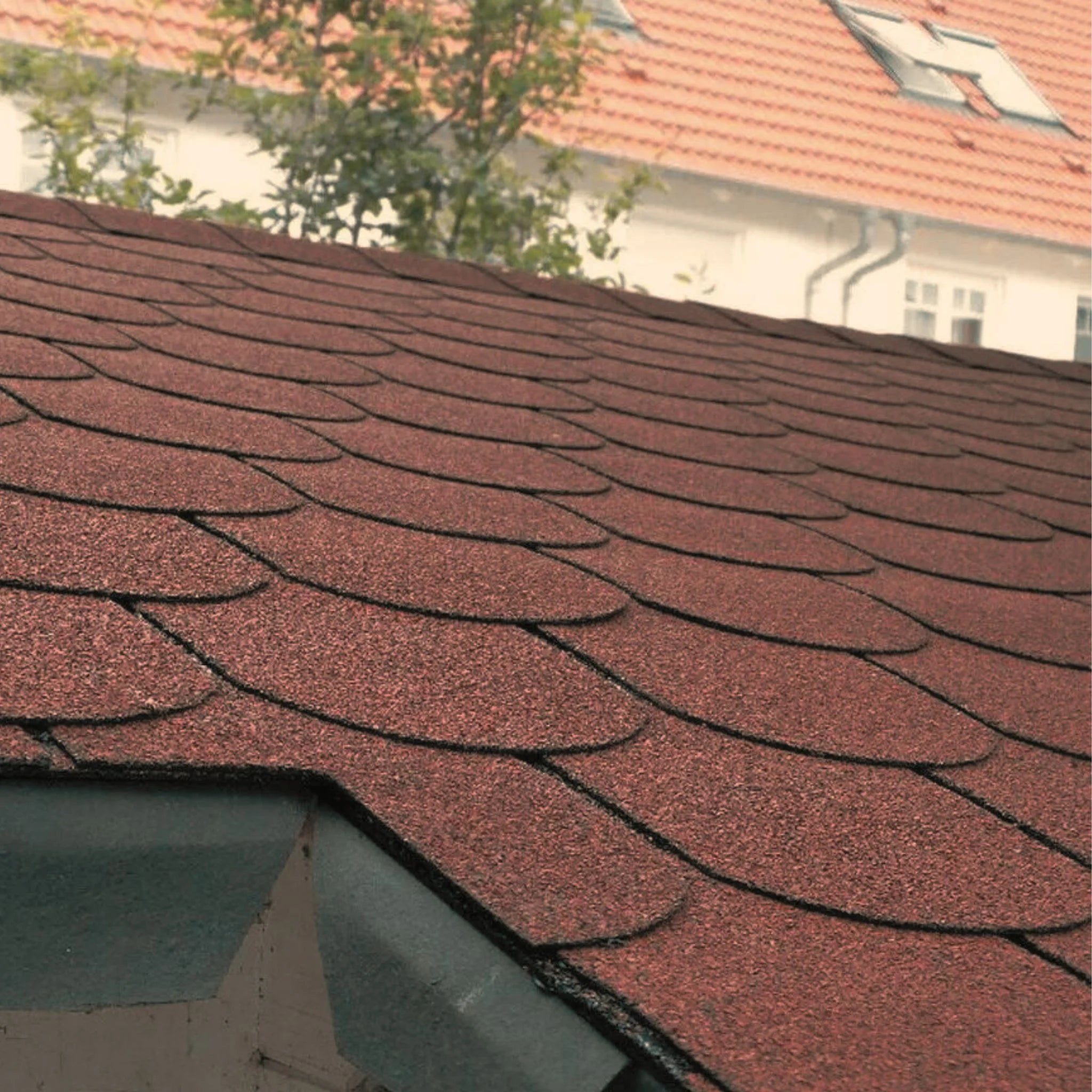 roof with installed brown fish scales shape shingles against blue sky