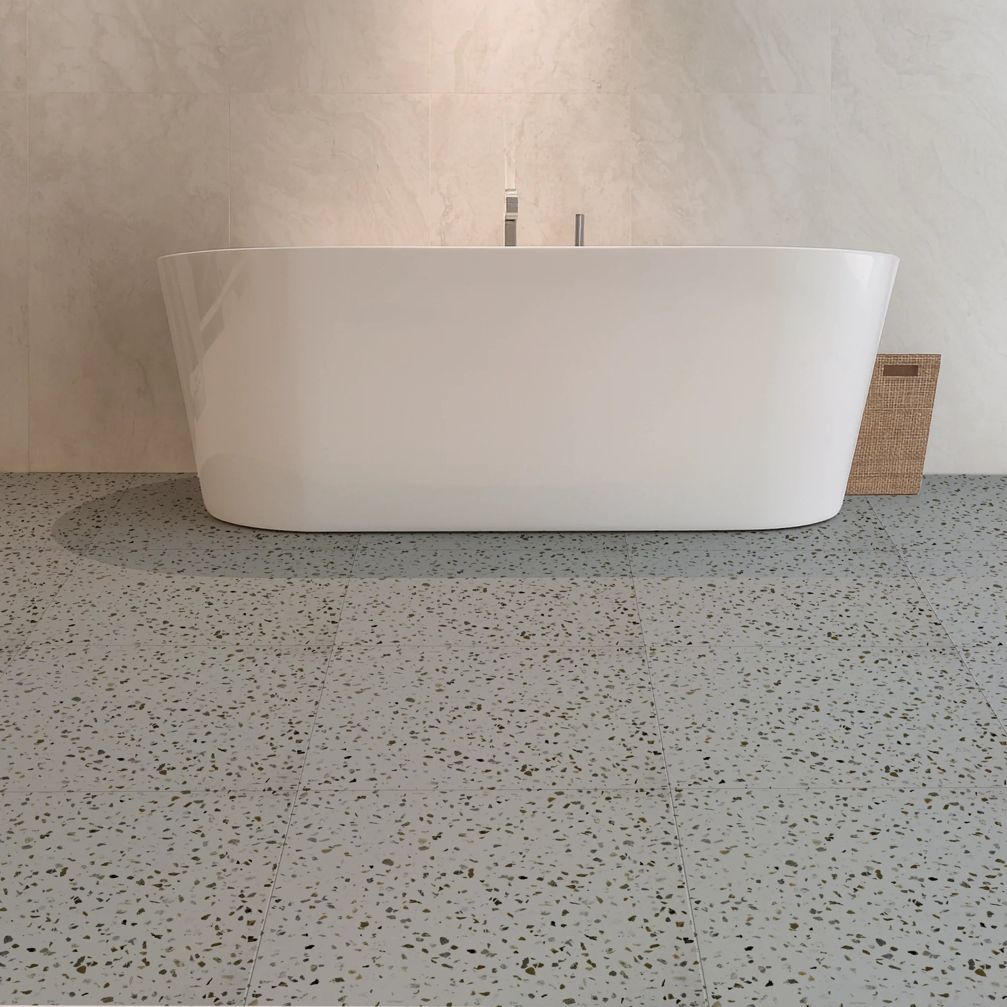 A bathroom featuring self-adhesive large floor tiles and a white tub
