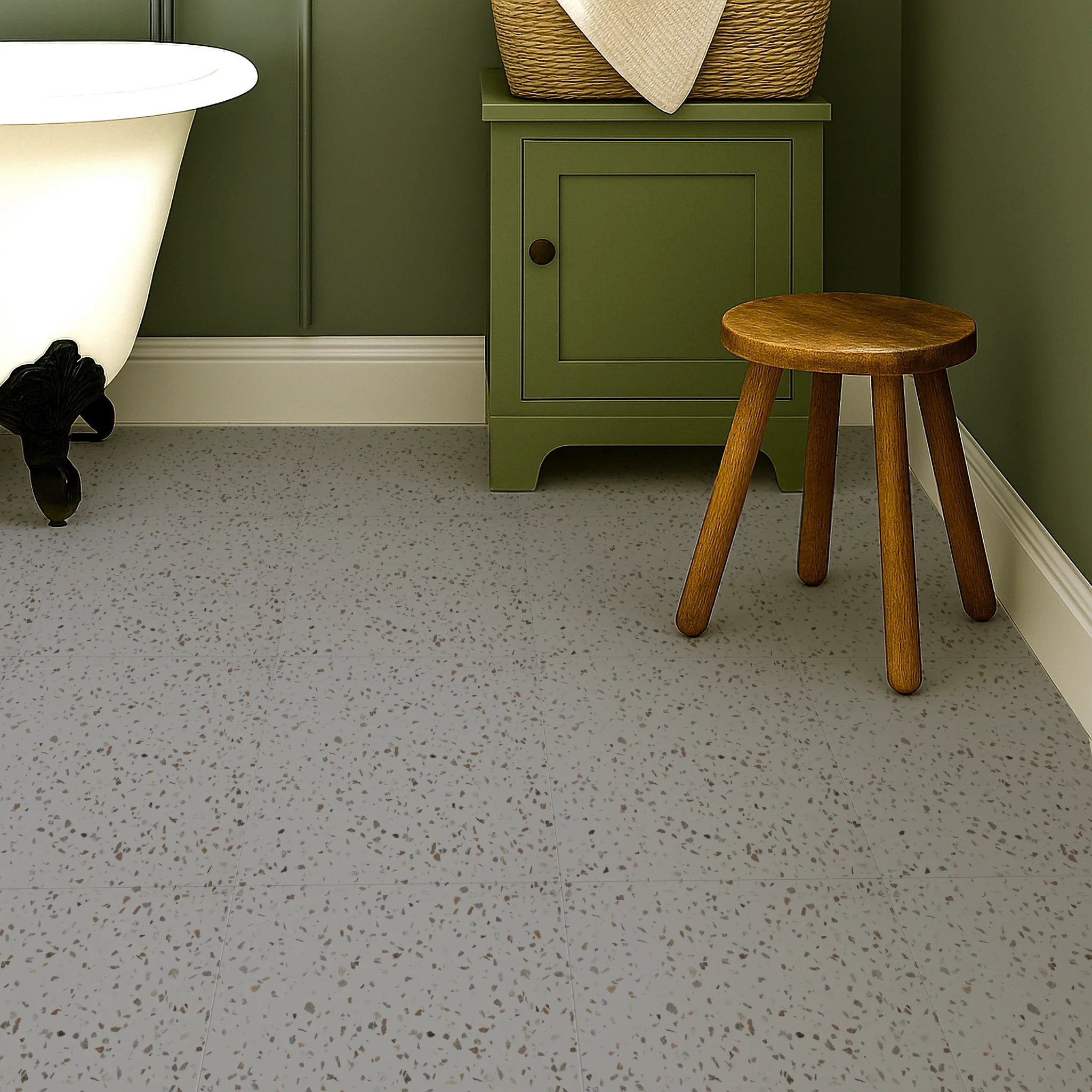 A cozy bathroom showcasing trendy self-adhesive terrazzo flooring tiles