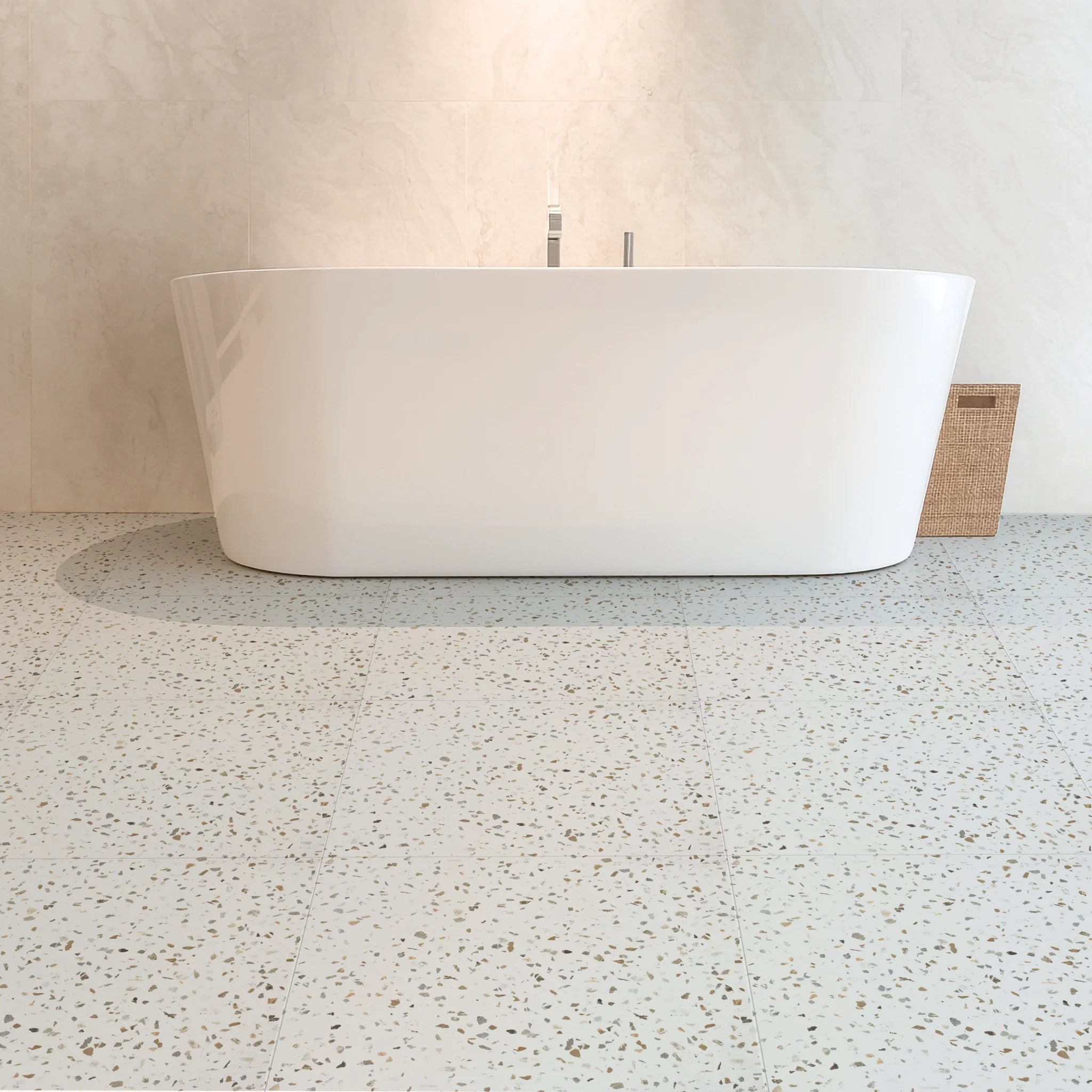 A bathroom featuring self-adhesive large floor tiles and a white tub