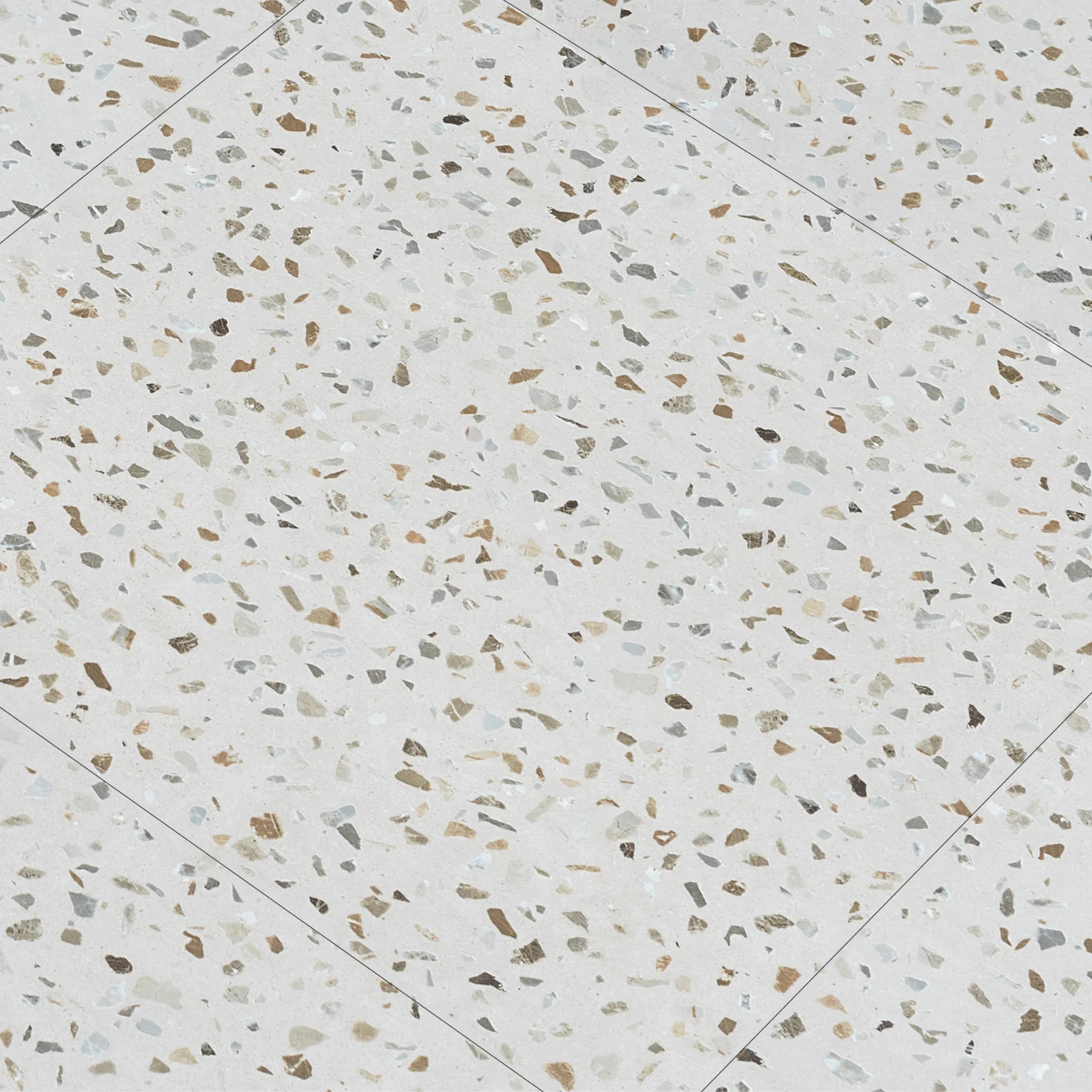 Self-adhesive terrazzo floor tiles with speckled stone chips