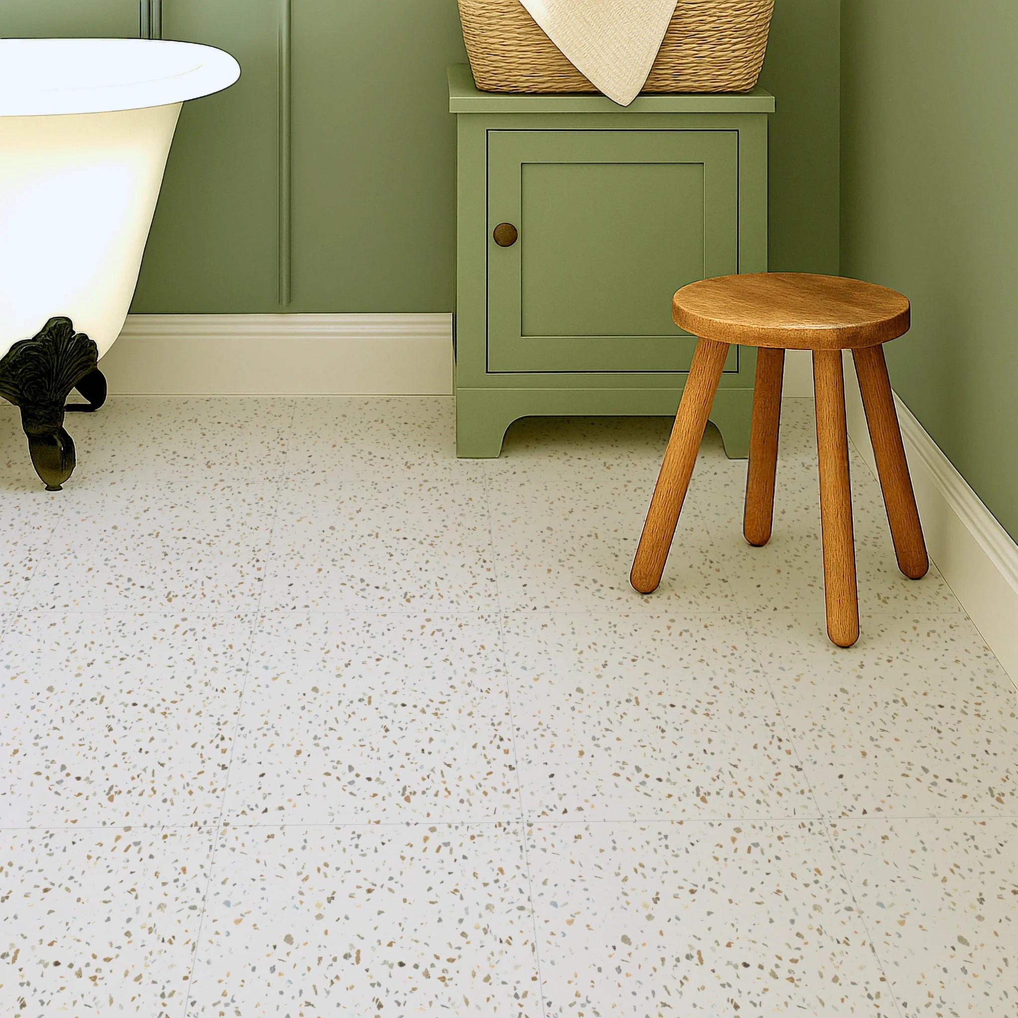 A cozy bathroom showcasing trendy self-adhesive terrazzo flooring tiles