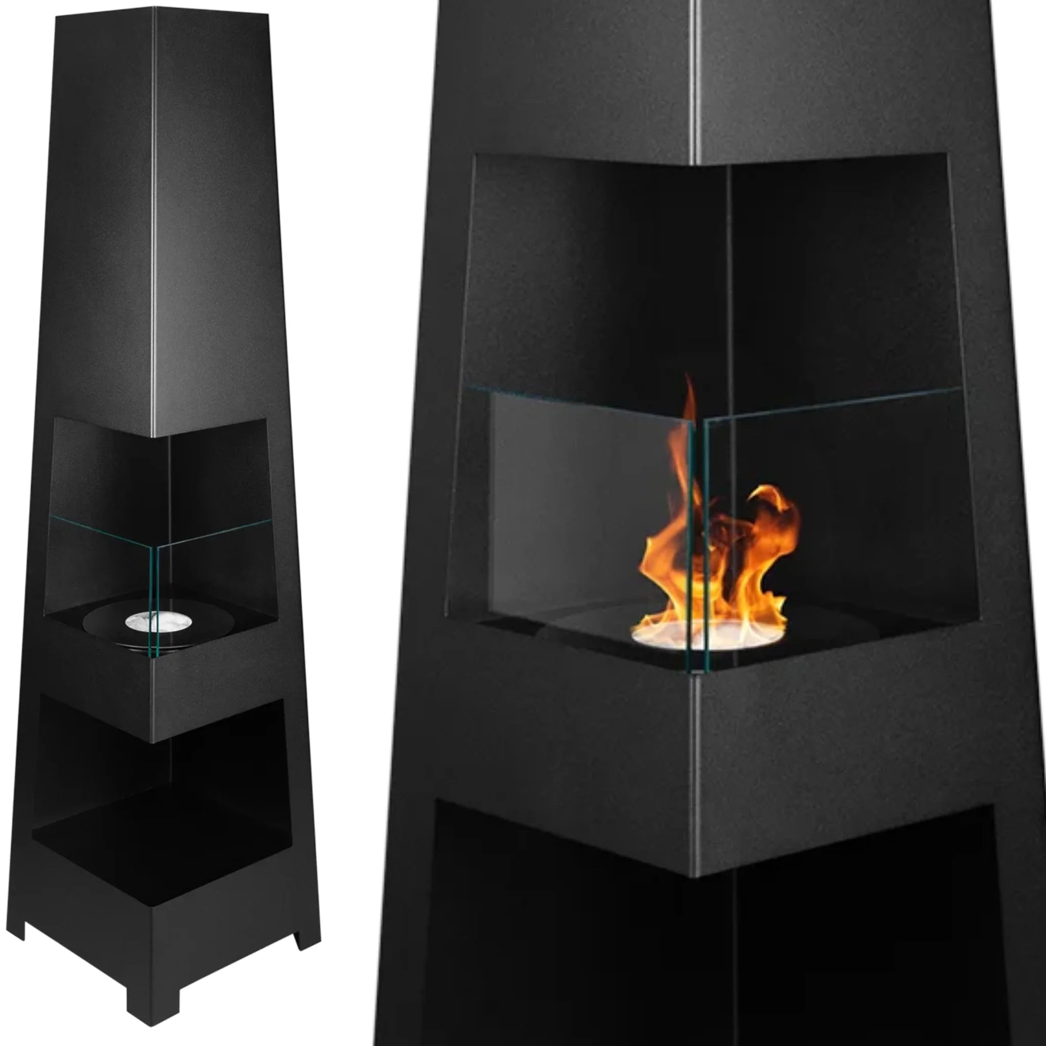 black fireplace with a glass, showcasing a cozy flame burning inside