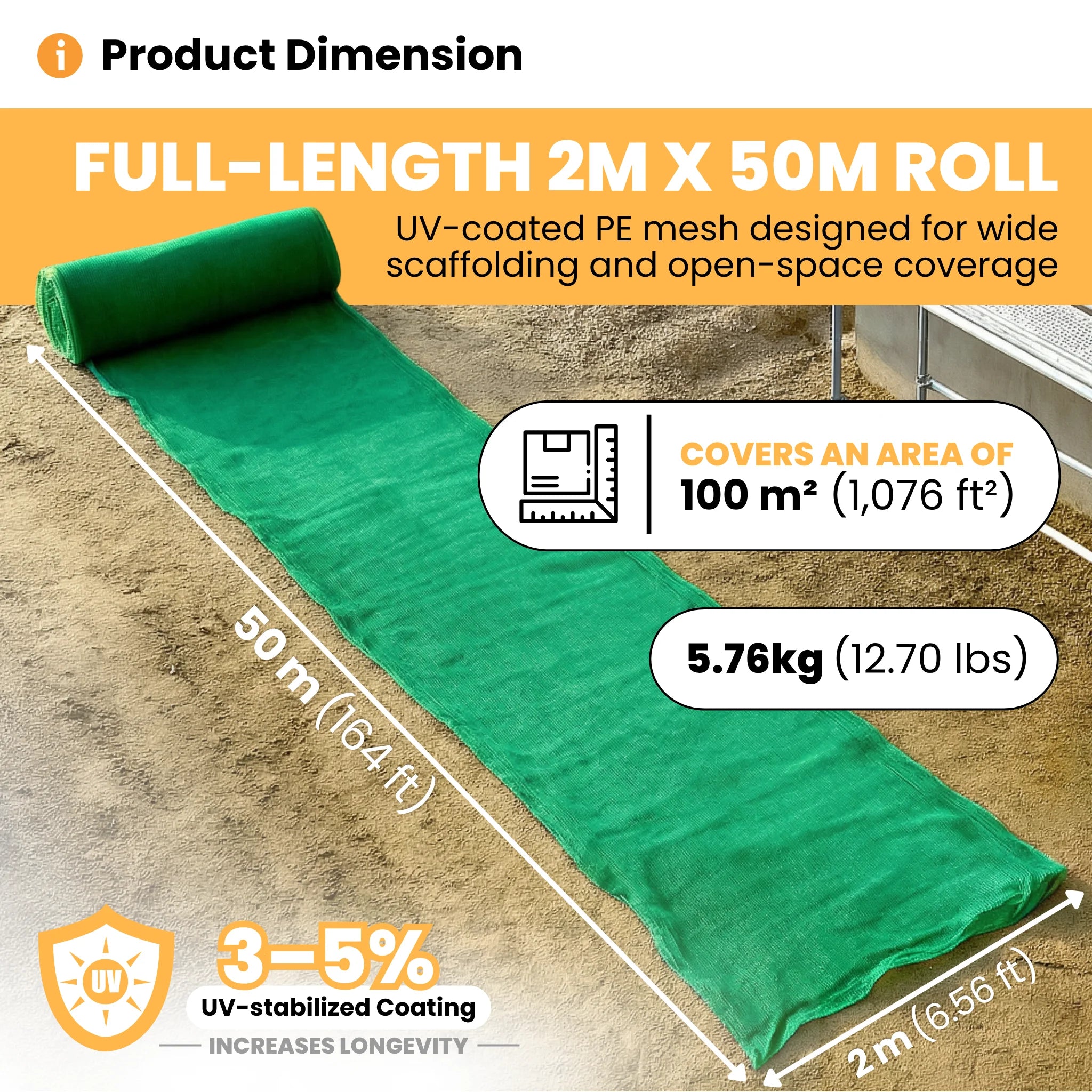 Dimensions of scaffold netting roll UV coated mesh