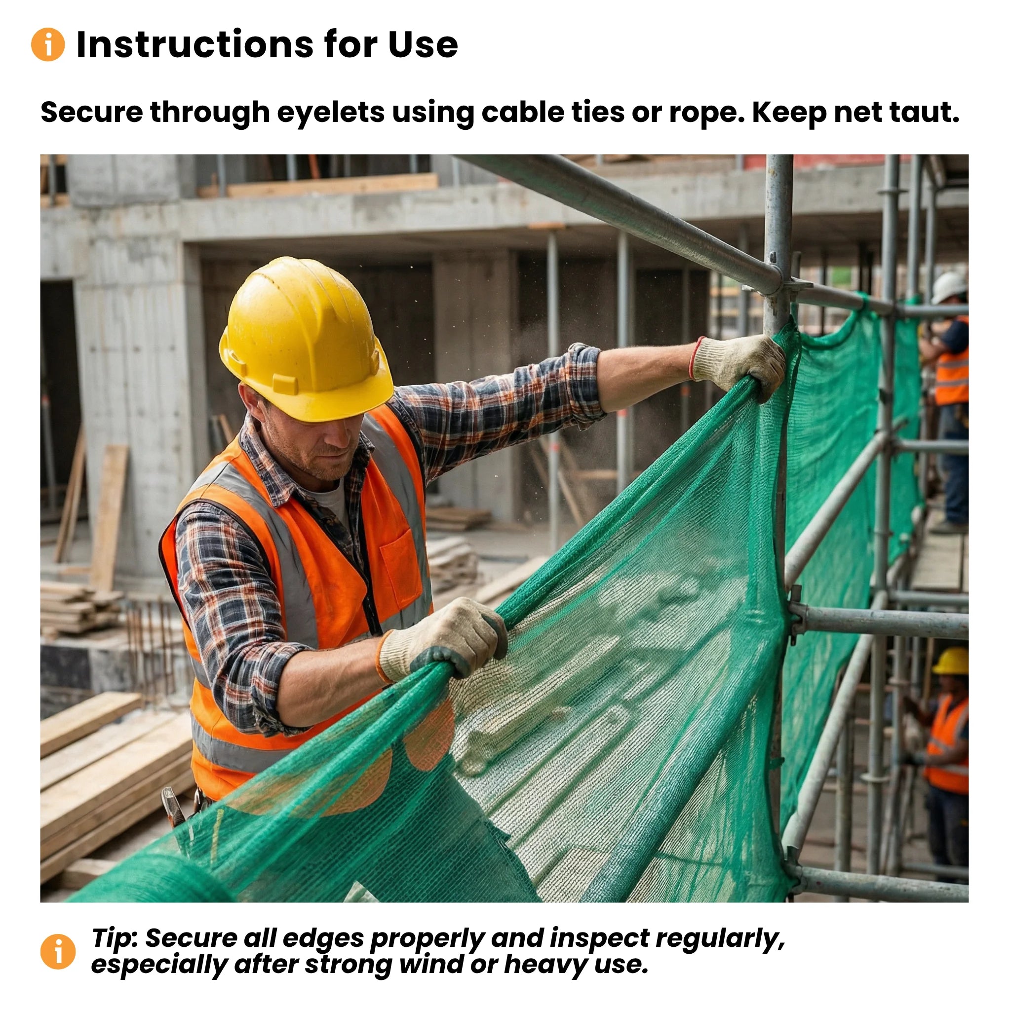 Installation worker securing scaffold netting
