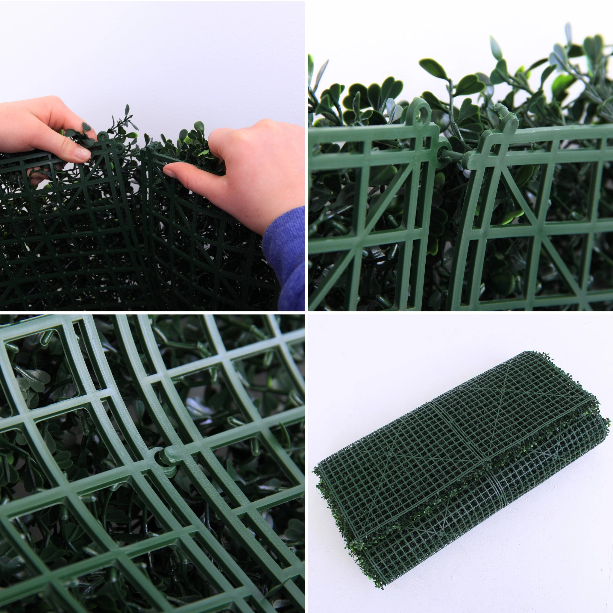 Hand assembling green wall panel sections with grid structure