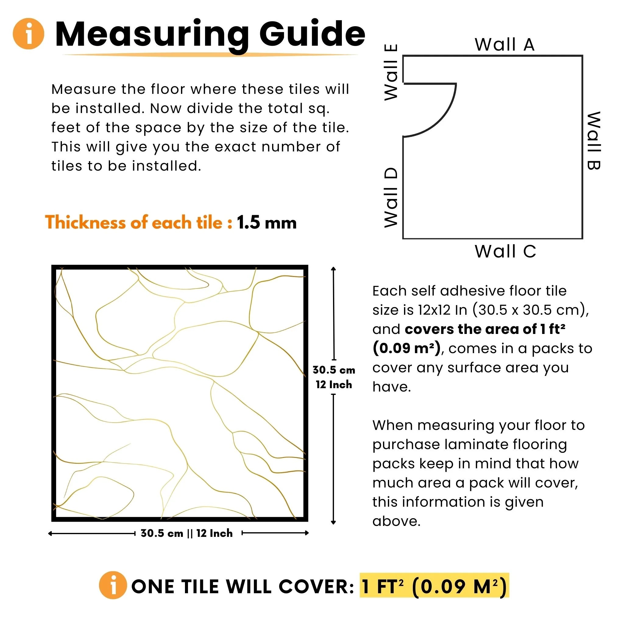measuring guide for self-adhesive tiles with visual instructions and dimensions