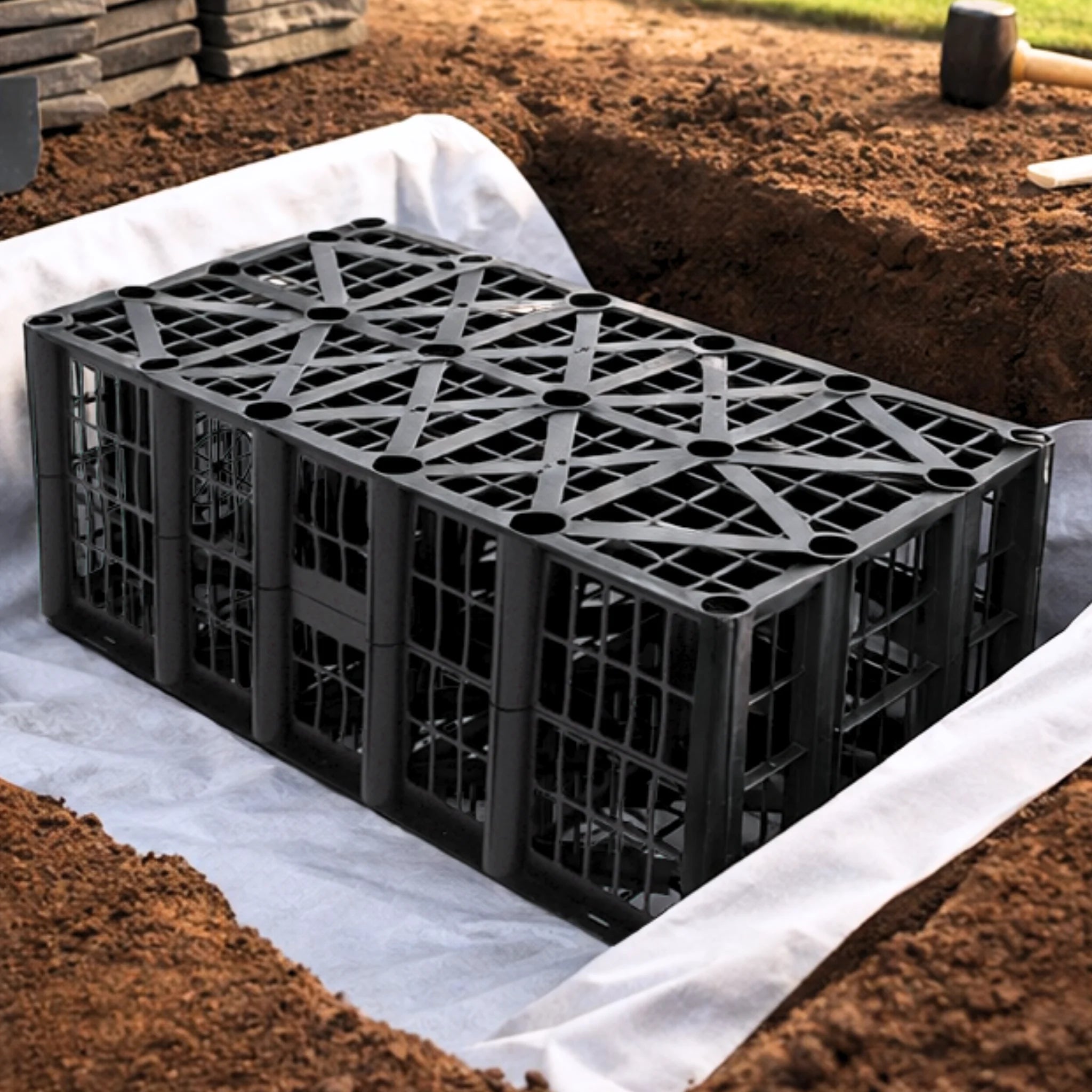 Durable black plastic soakaway crate with geotextile membrane