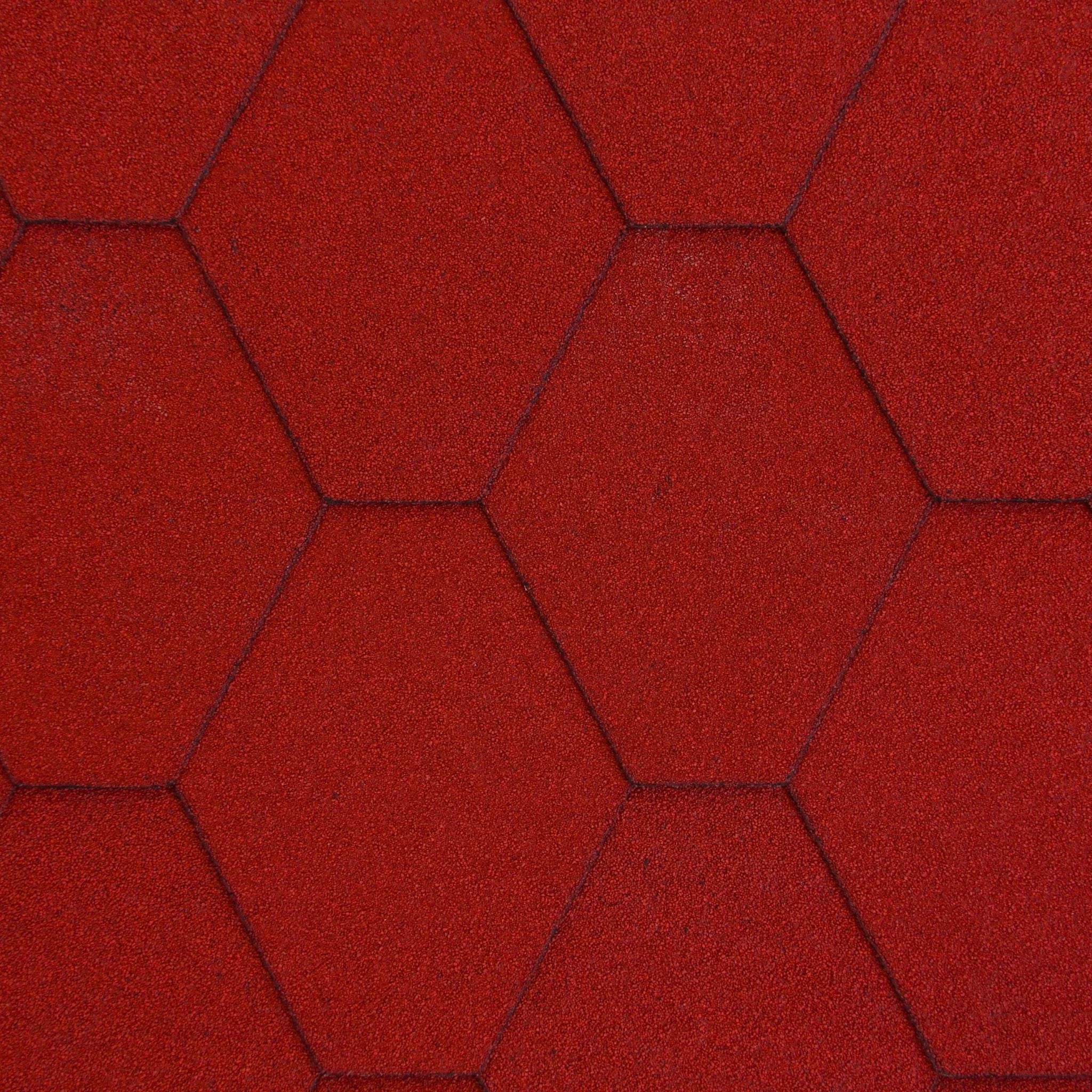 close-up of red hexagonal roofing shingles