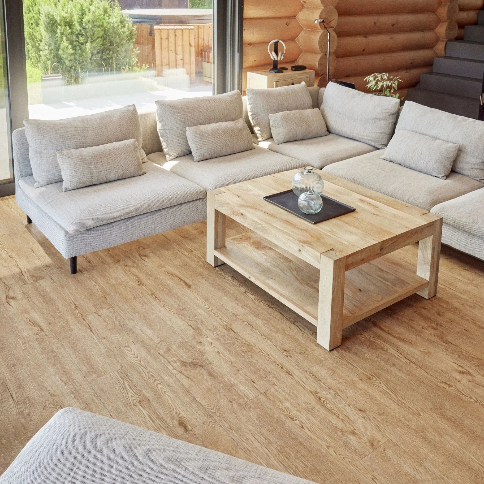 dark beige wooden flooring in a modern living room setting