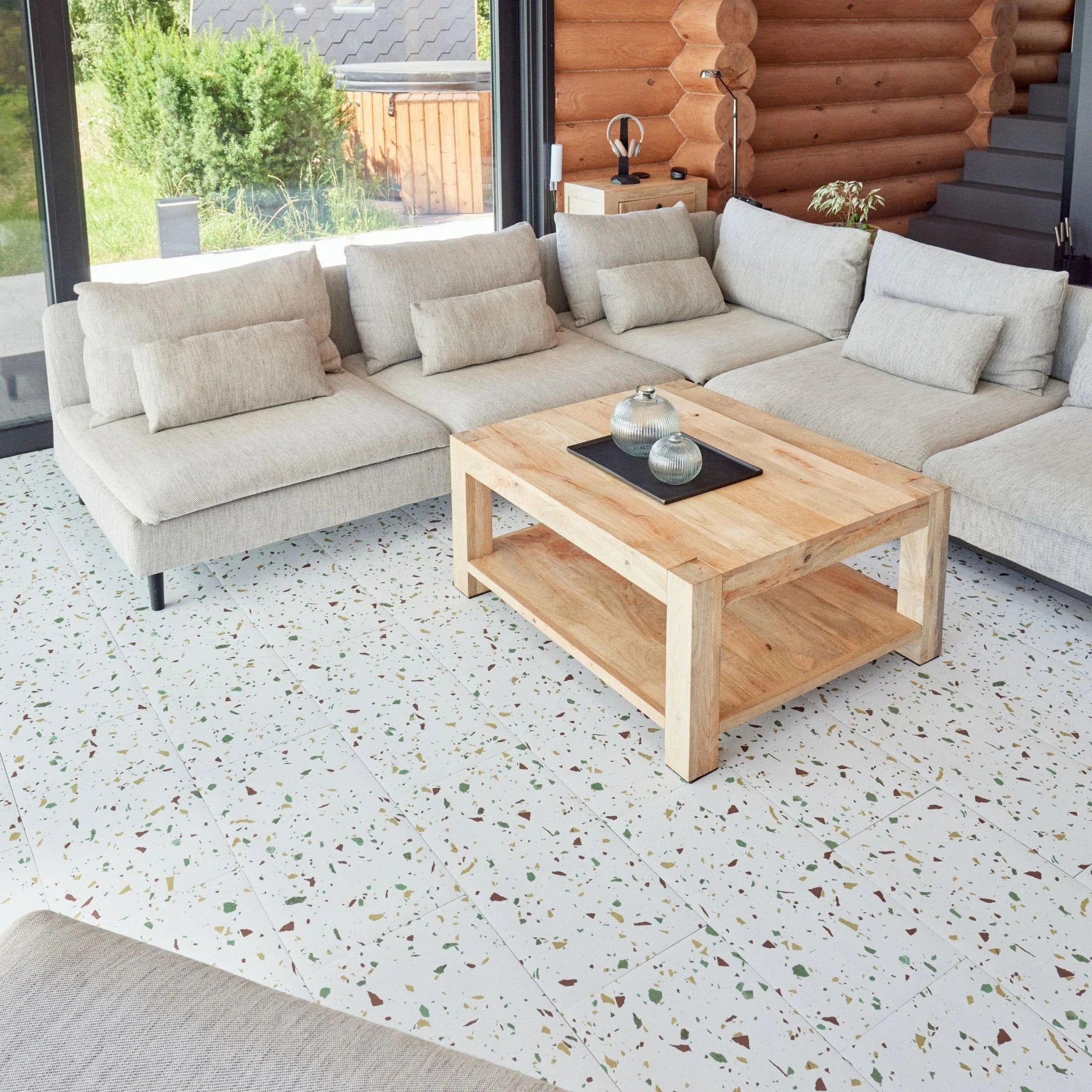 cozy living room with large rectangular terrazzo tile flooring