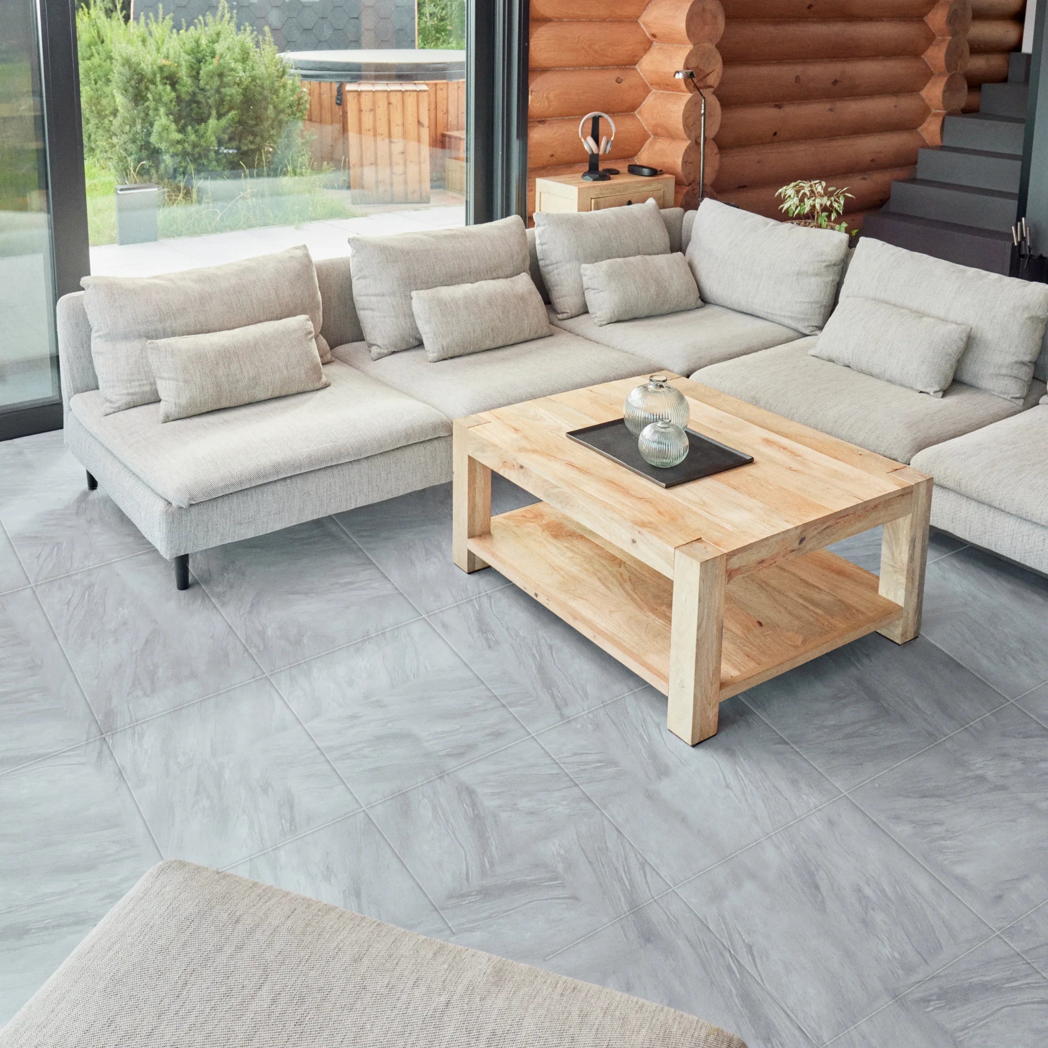 a modern Livingroom floor with self-adhesive flooring