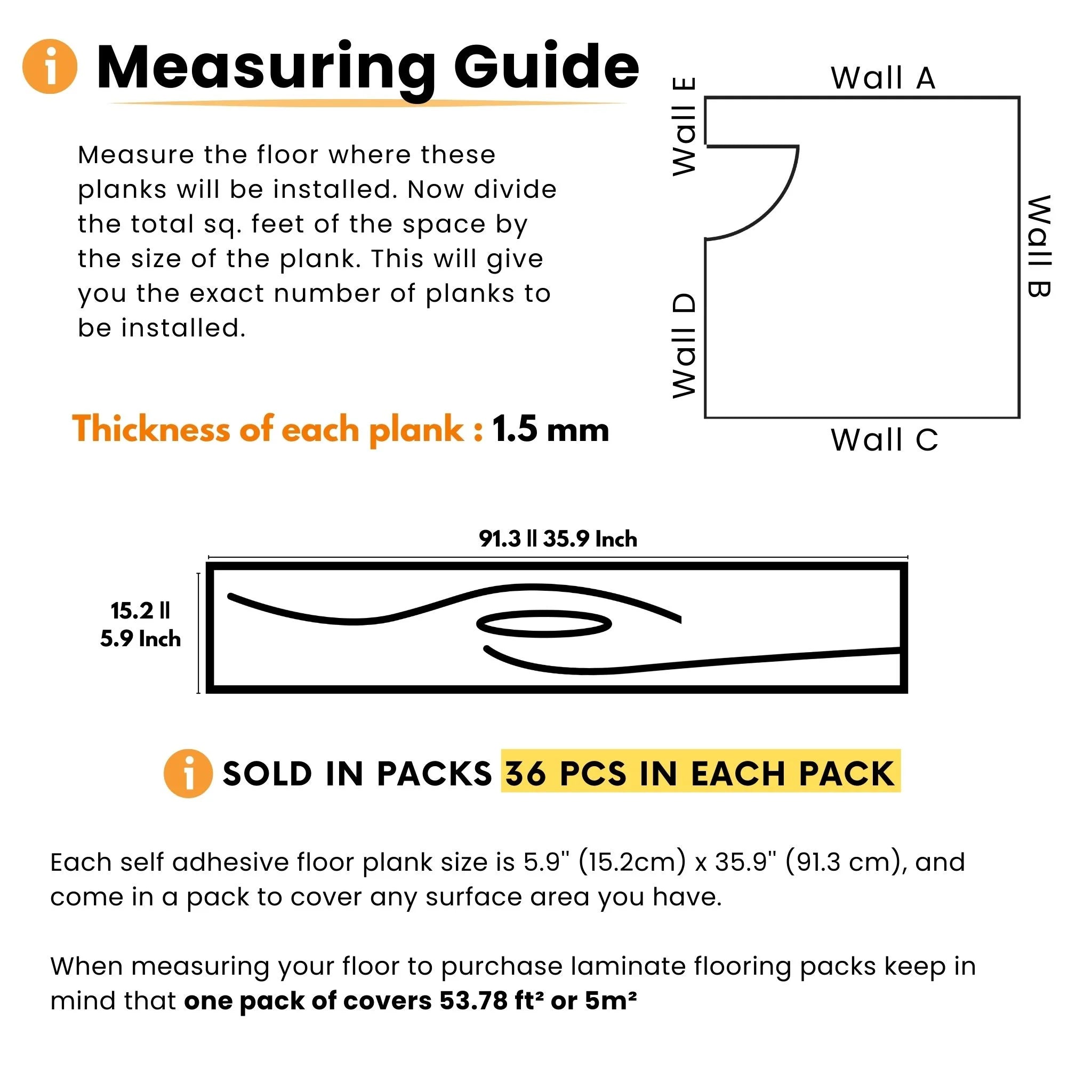 measuring guide for self-adhesive floor planks with details on thickness and packaging