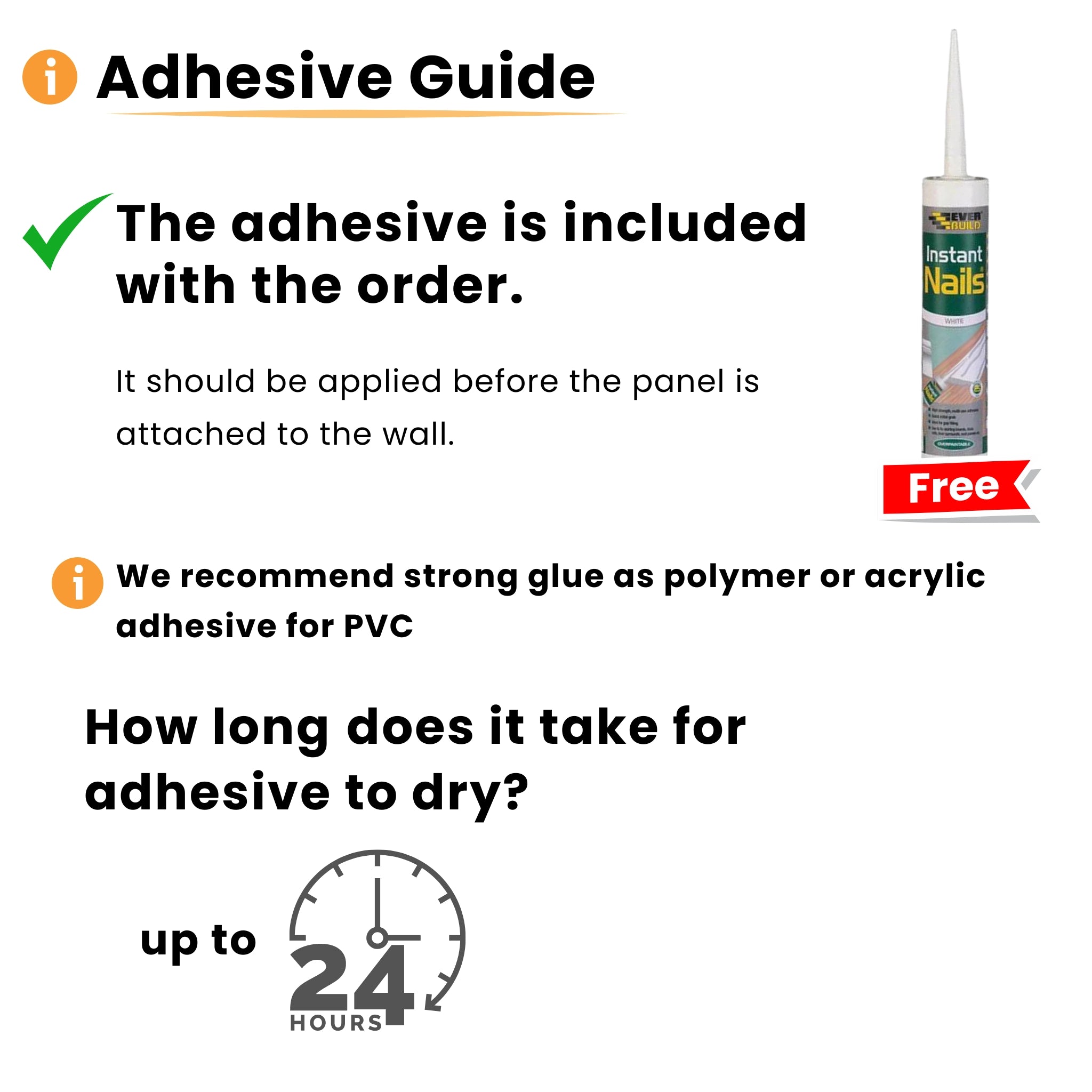Adhesive guide for PVC wall panels, 24-hour drying time