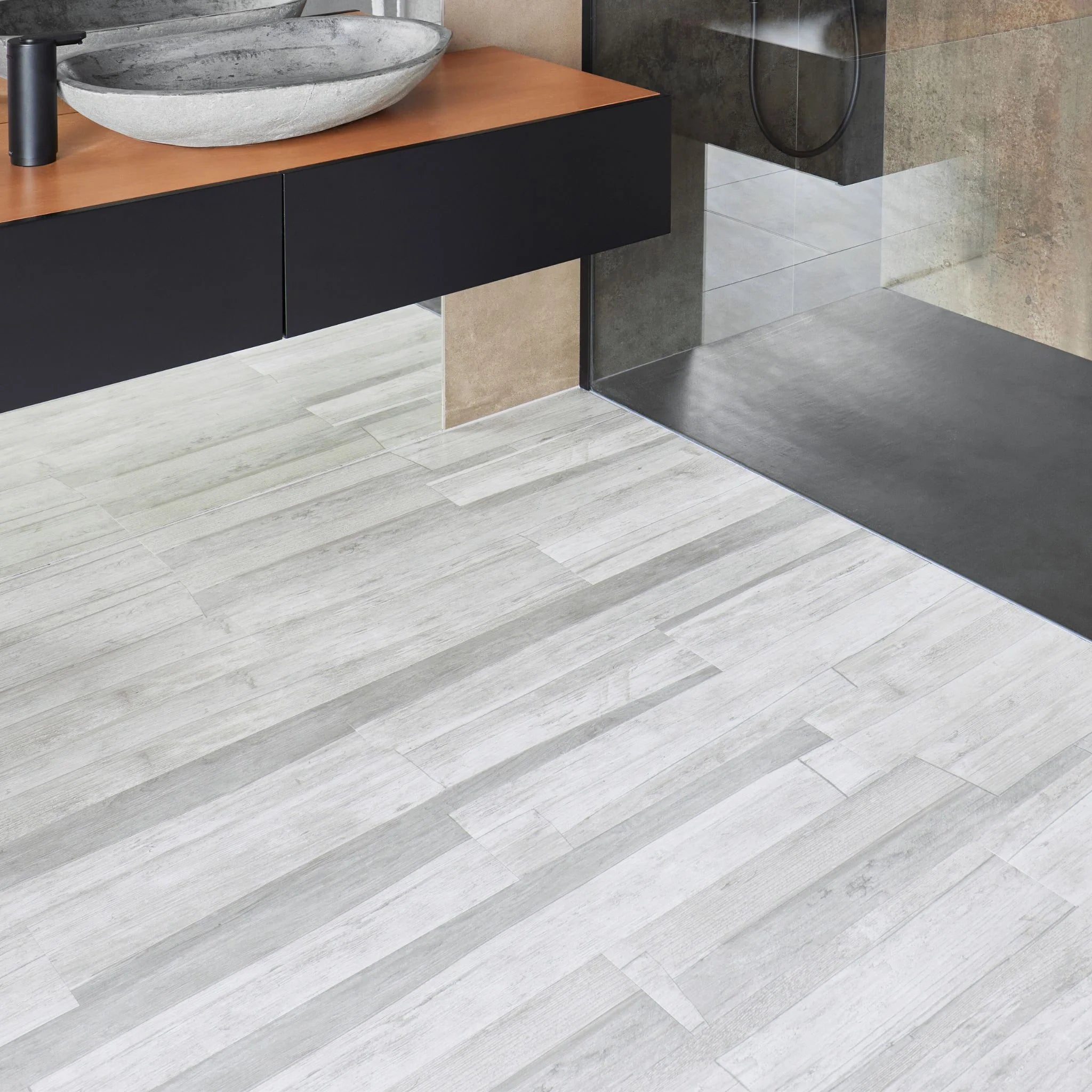 Marble charcoal flow vinyl tile flooring in a modern bathroom setting