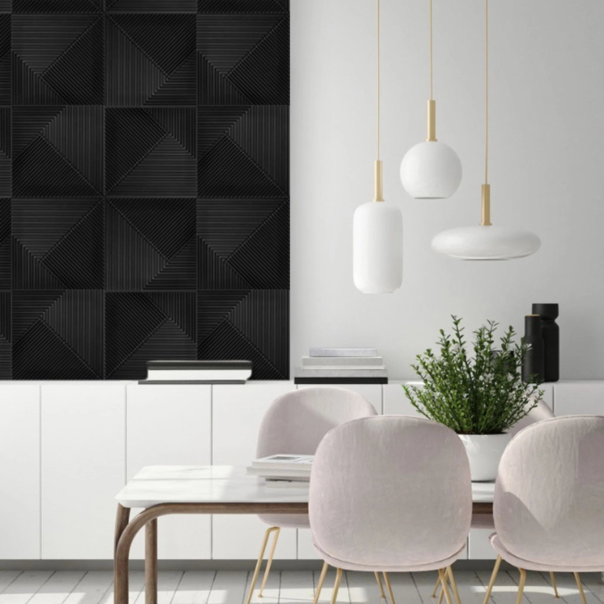 Modern dining room with black geometric PVC wall panels