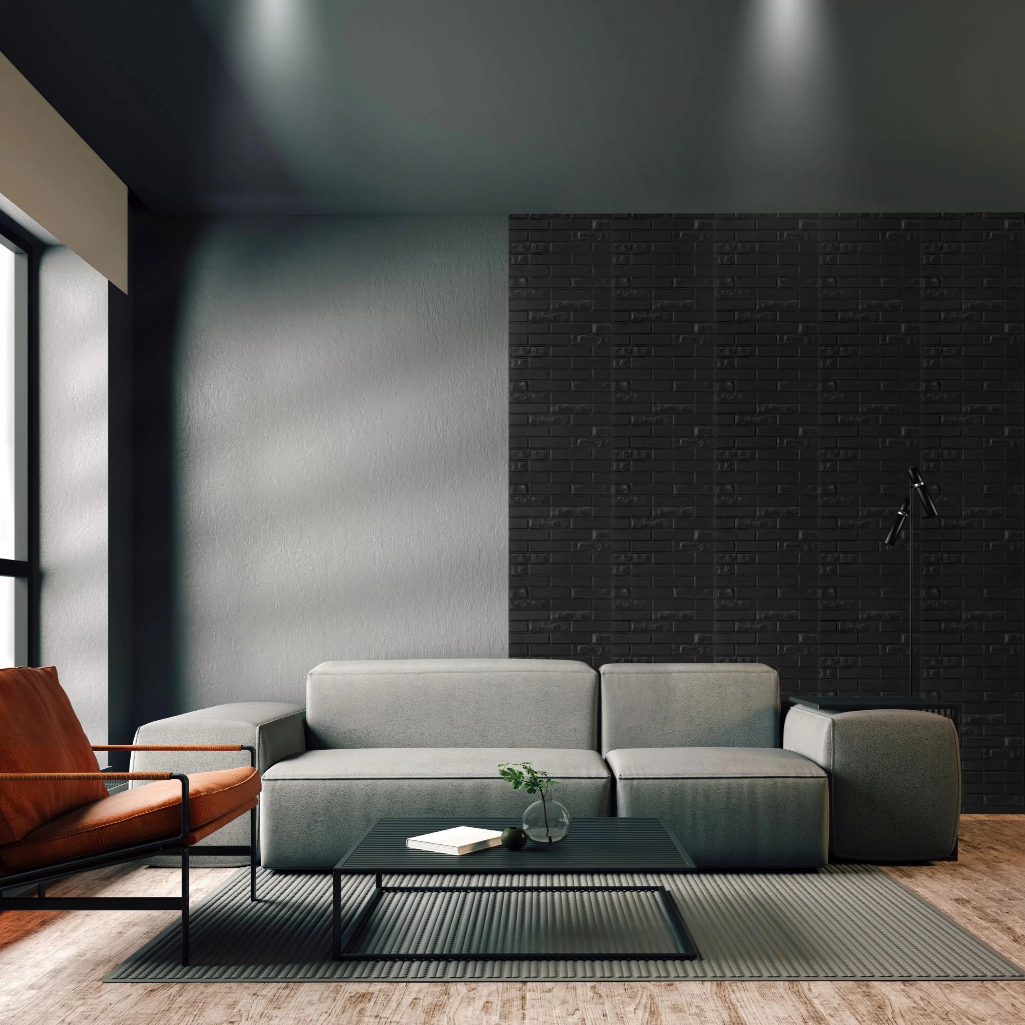Modern living room with black PVC wall panel featuring brick patterns