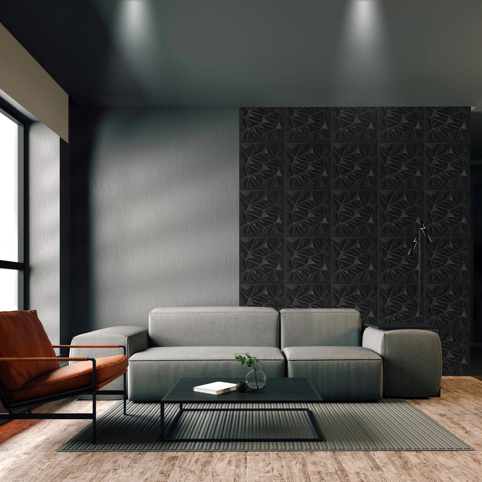 Modern living room with black PVC wall panel featuring geometric patterns