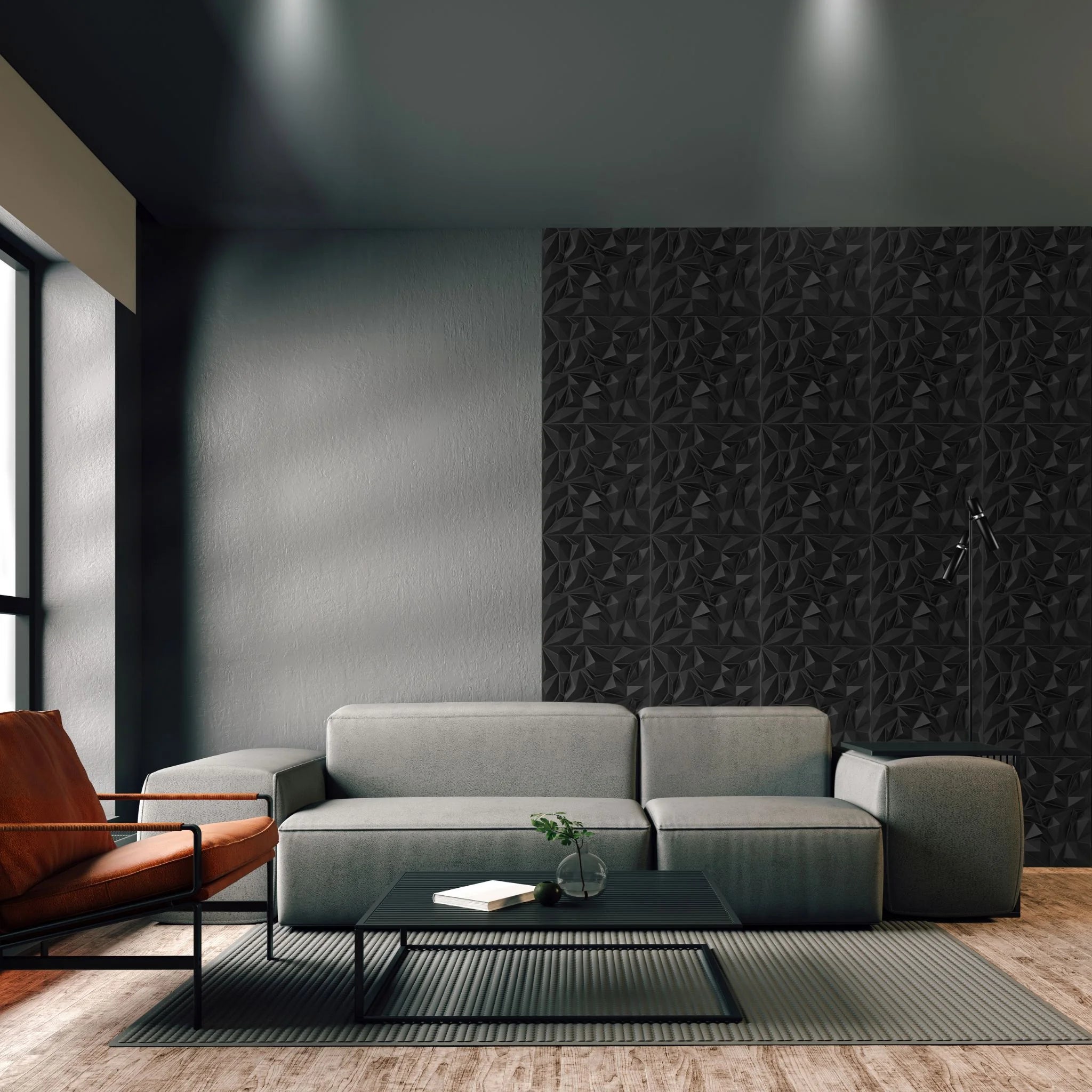 Modern living room with black PVC wall panel featuring geometric patterns
