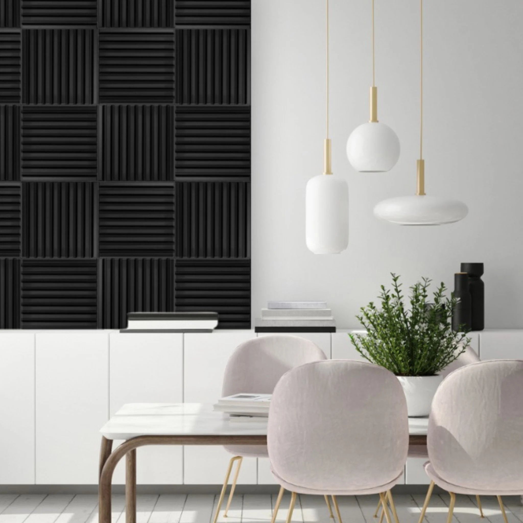 Black PVC wall panel with vertical lines in contemporary dining room
