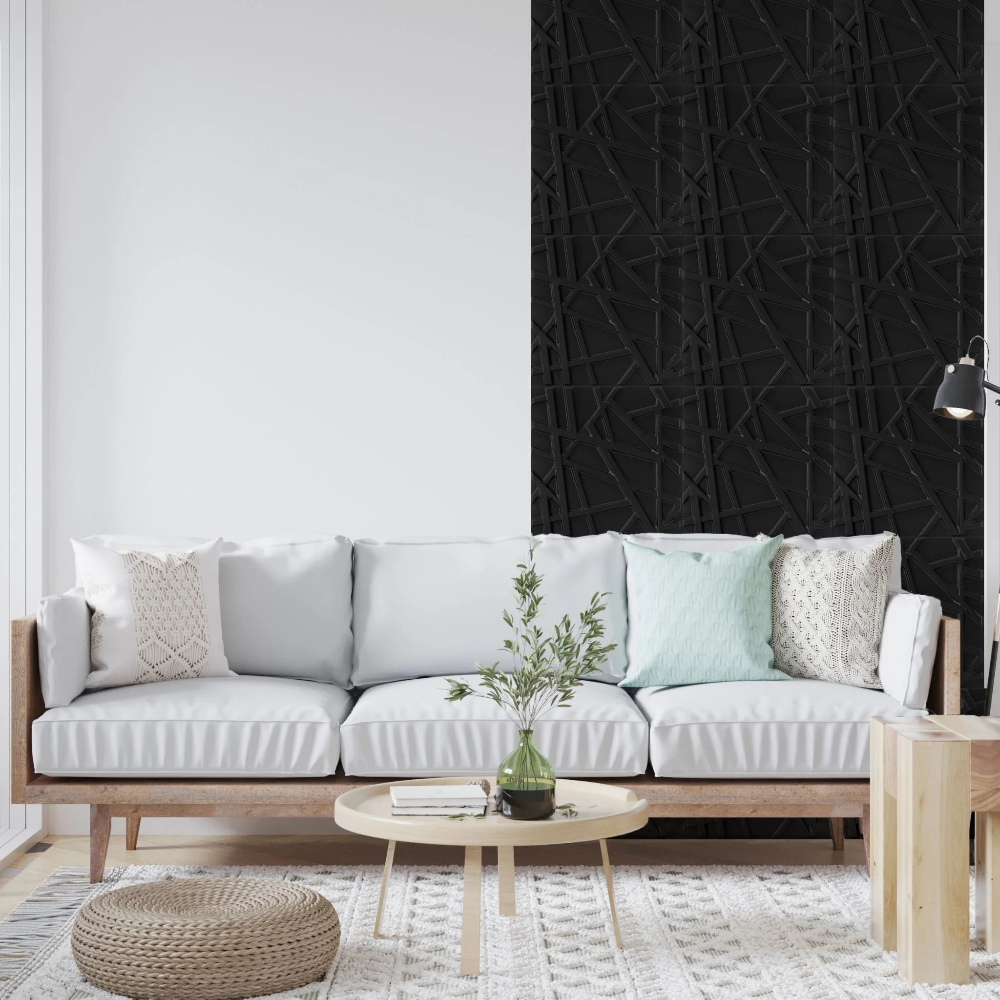 Black PVC wall panel with crisscross design in stylish living room