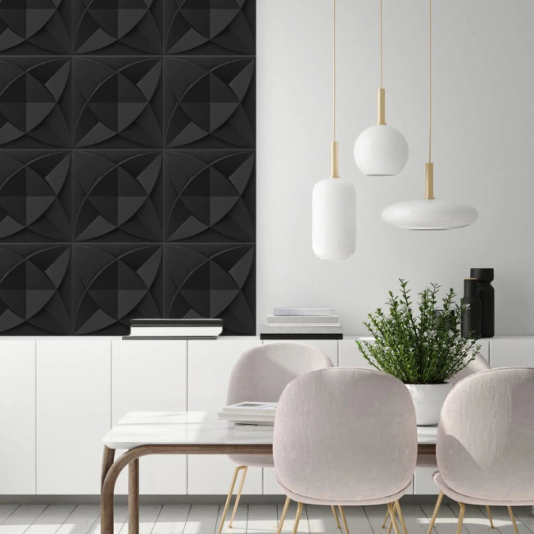 Dining room with black geometric-patterned PVC wall panels and modern decor