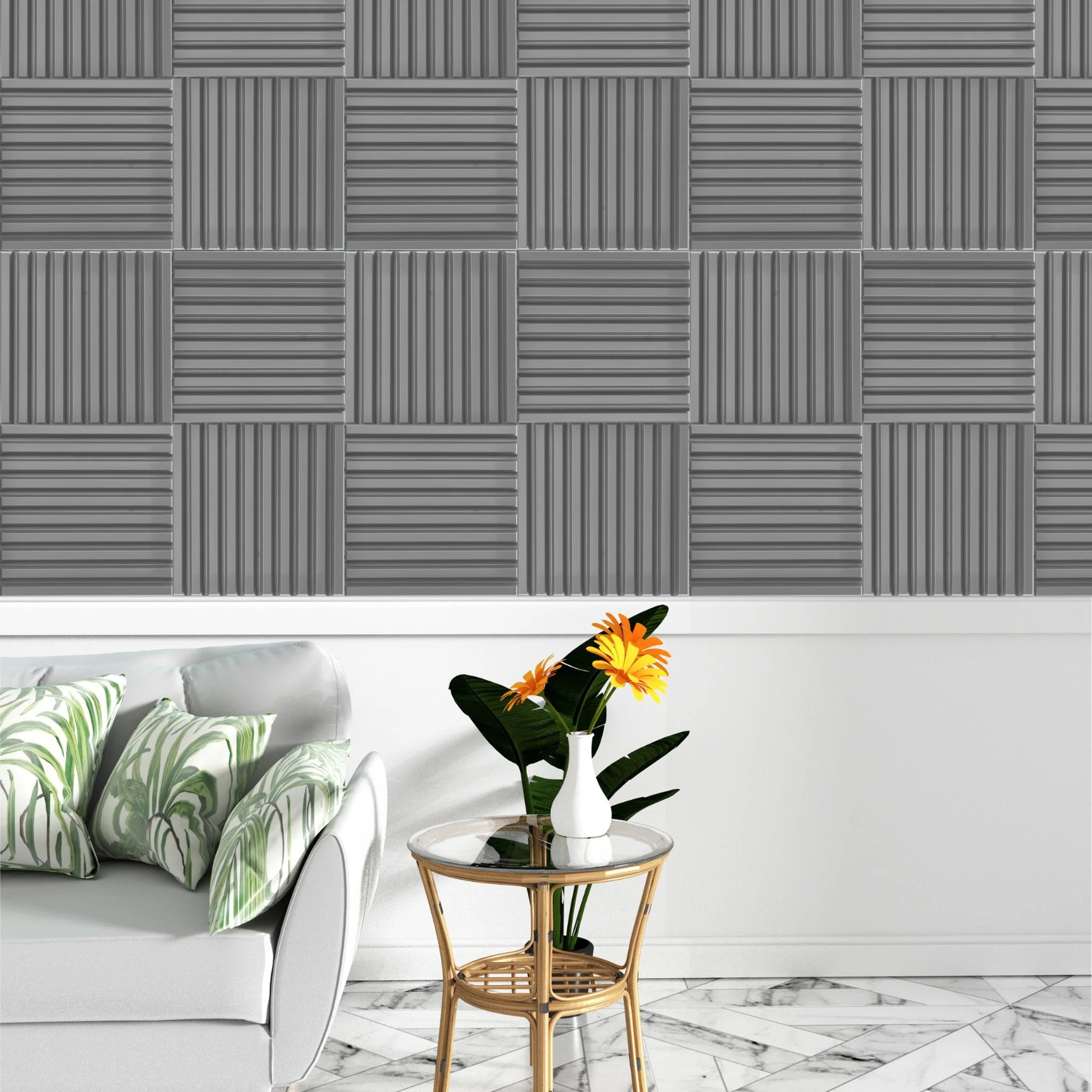 Grey PVC wall panel with vertical lines in contemporary dining room