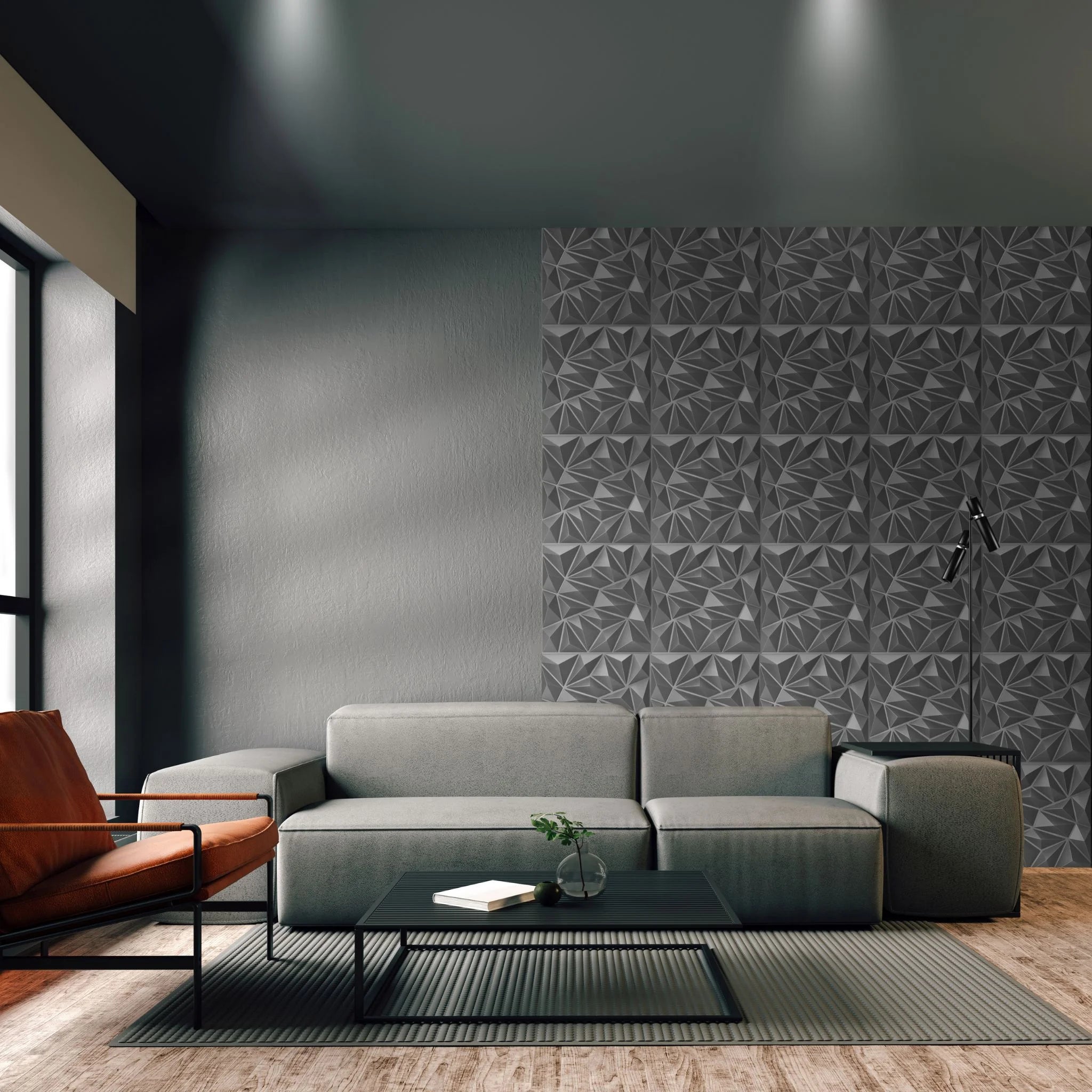 Modern living room with silver PVC wall panel featuring geometric patterns