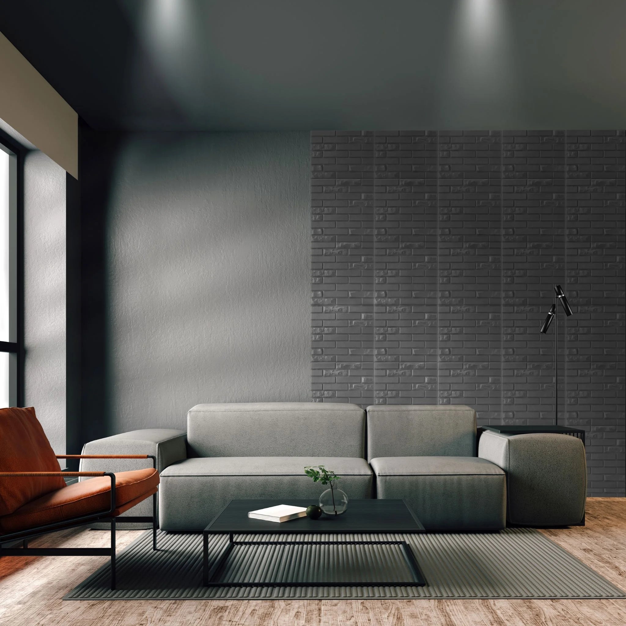 Modern living room with silver PVC wall panel featuring brick patterns