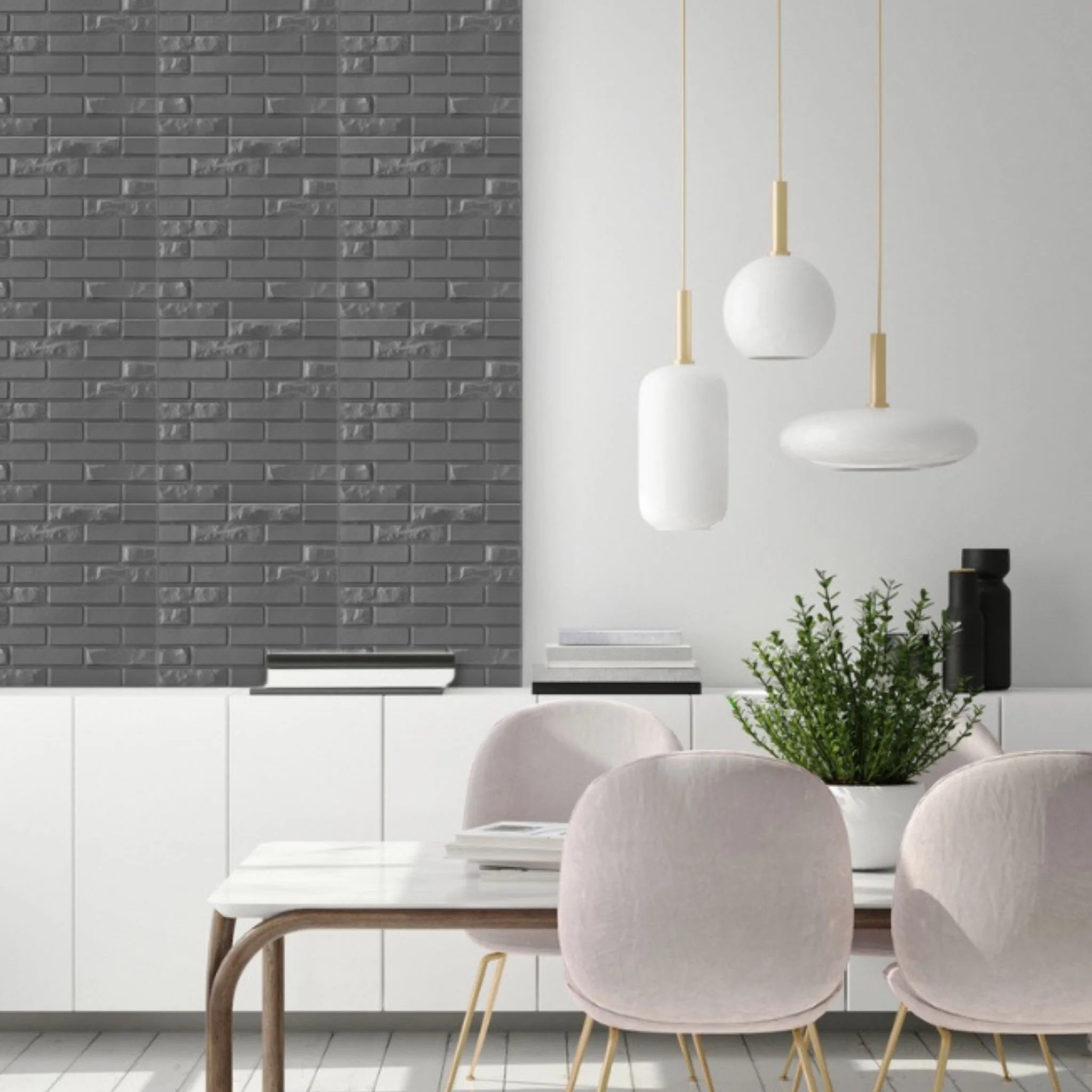 Dining room with silver brick-patterned PVC wall panels and modern decor