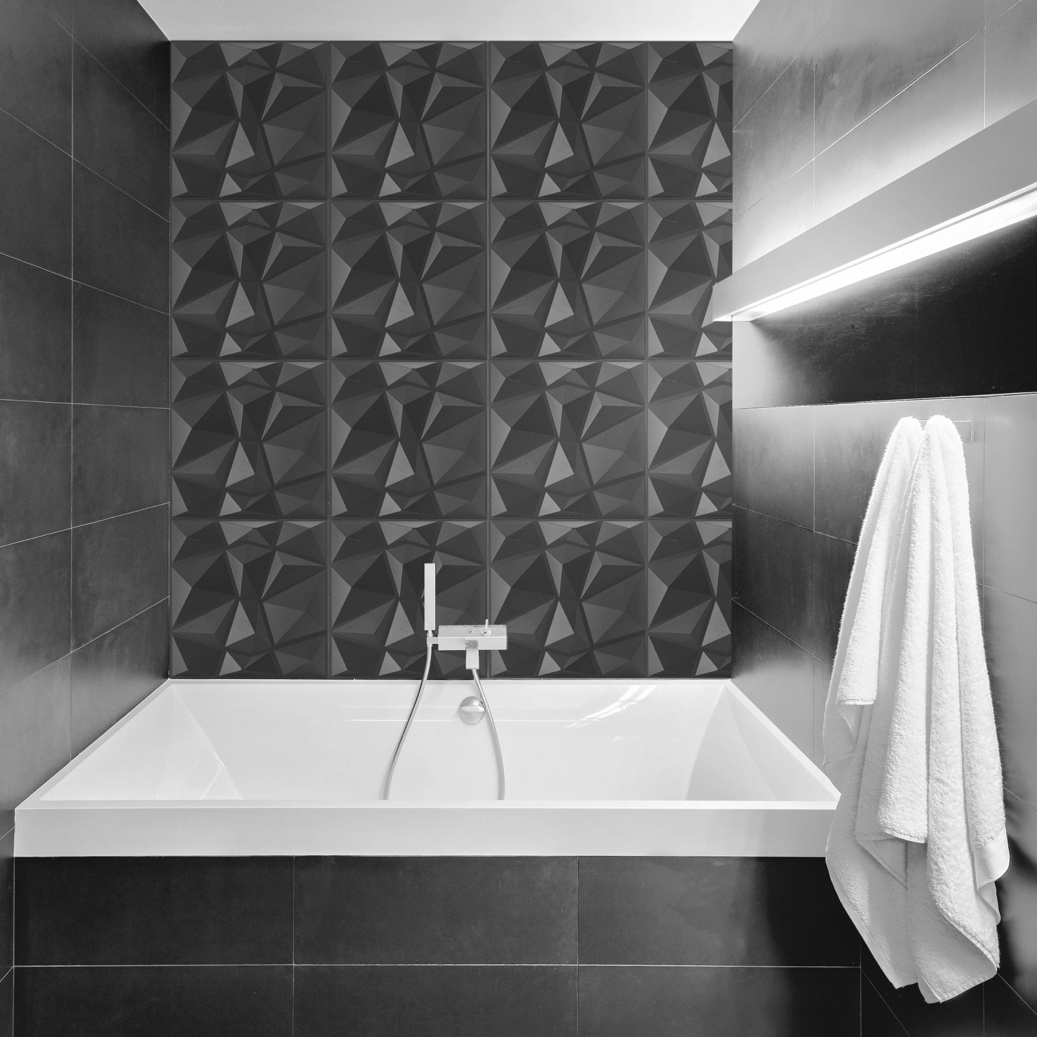 Silver PVC wall panel with geometric design in stylish Bathroom room
