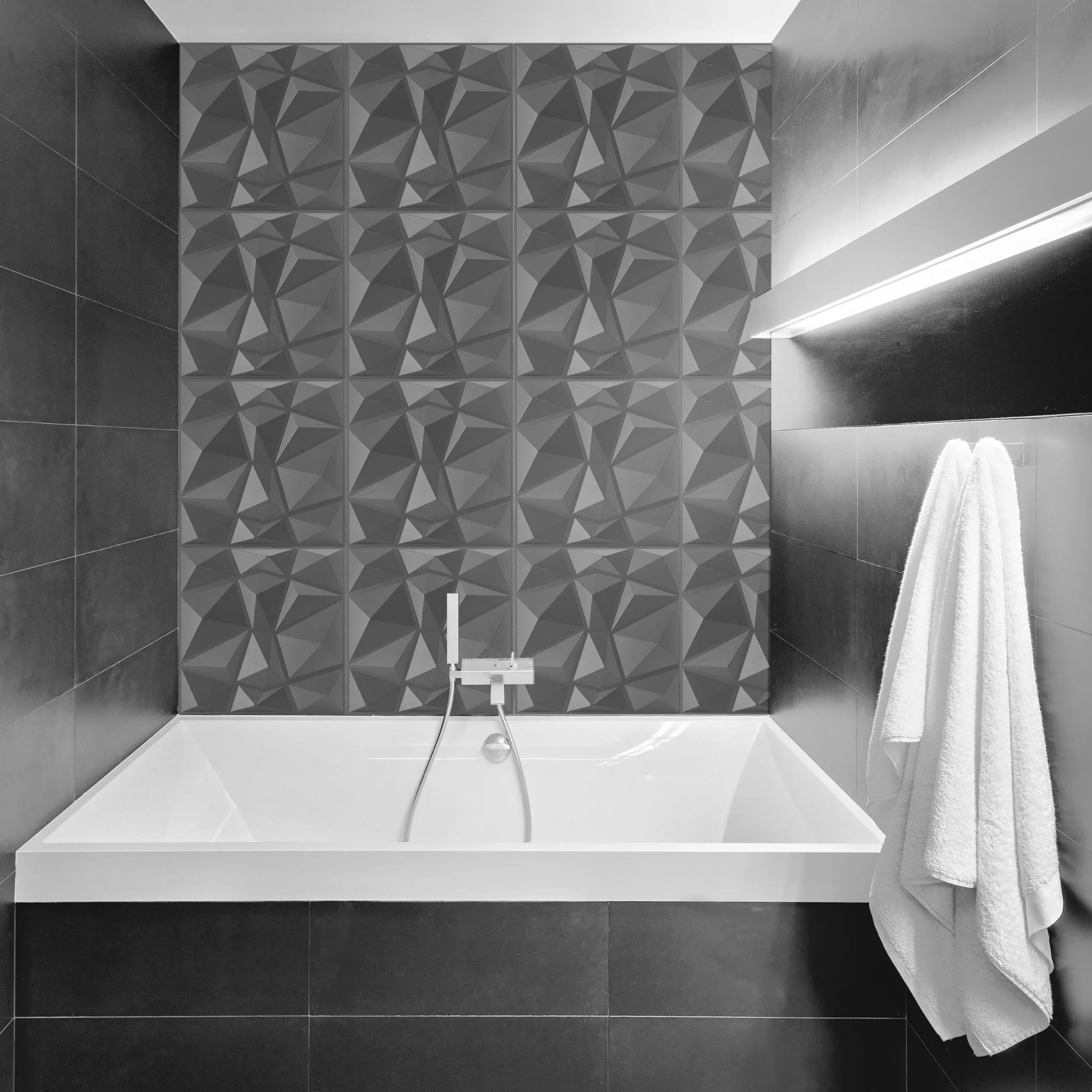 Bathroom with silver diamond-patterned PVC wall panels and modern furniture