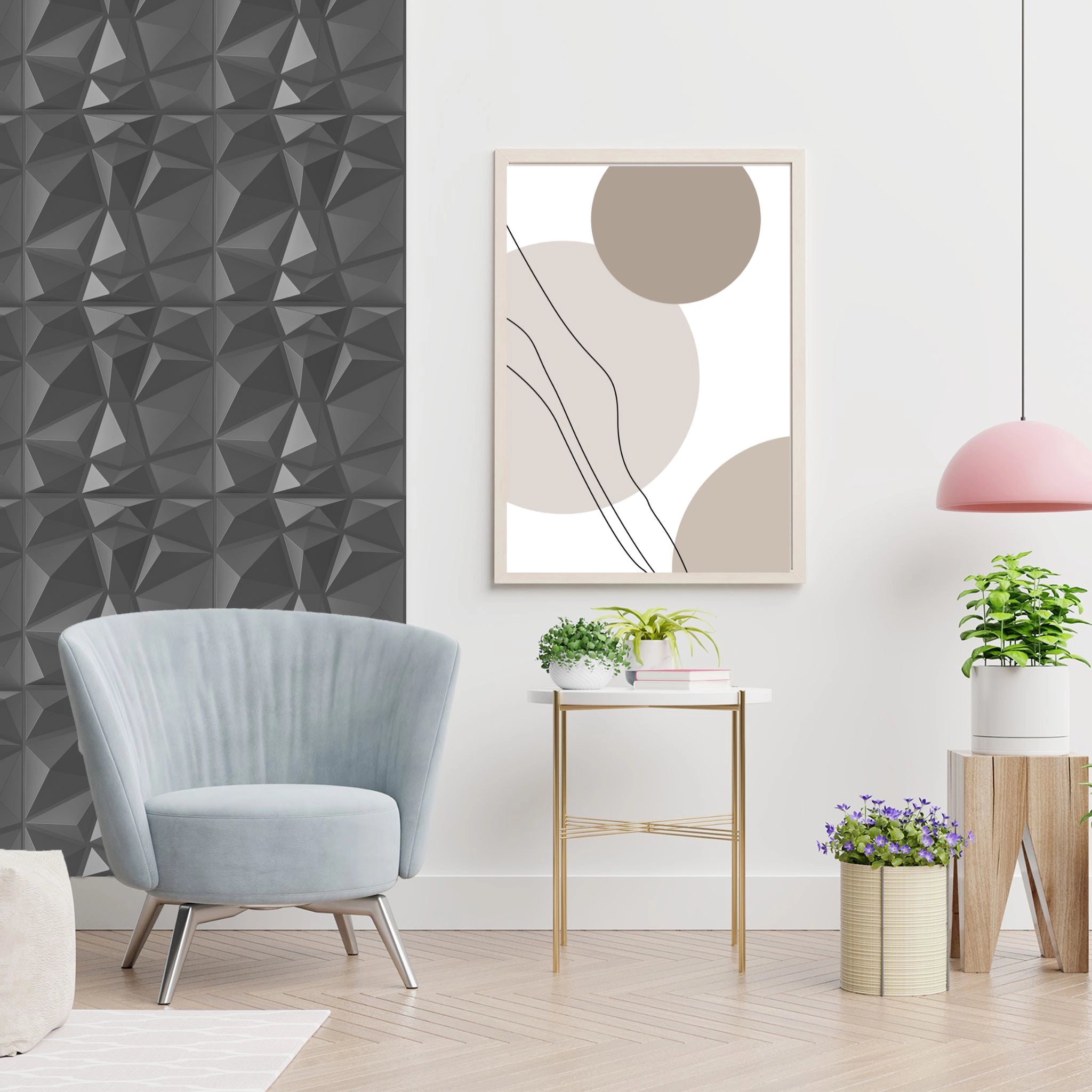 Silver PVC wall panel with geometric design in stylish living room