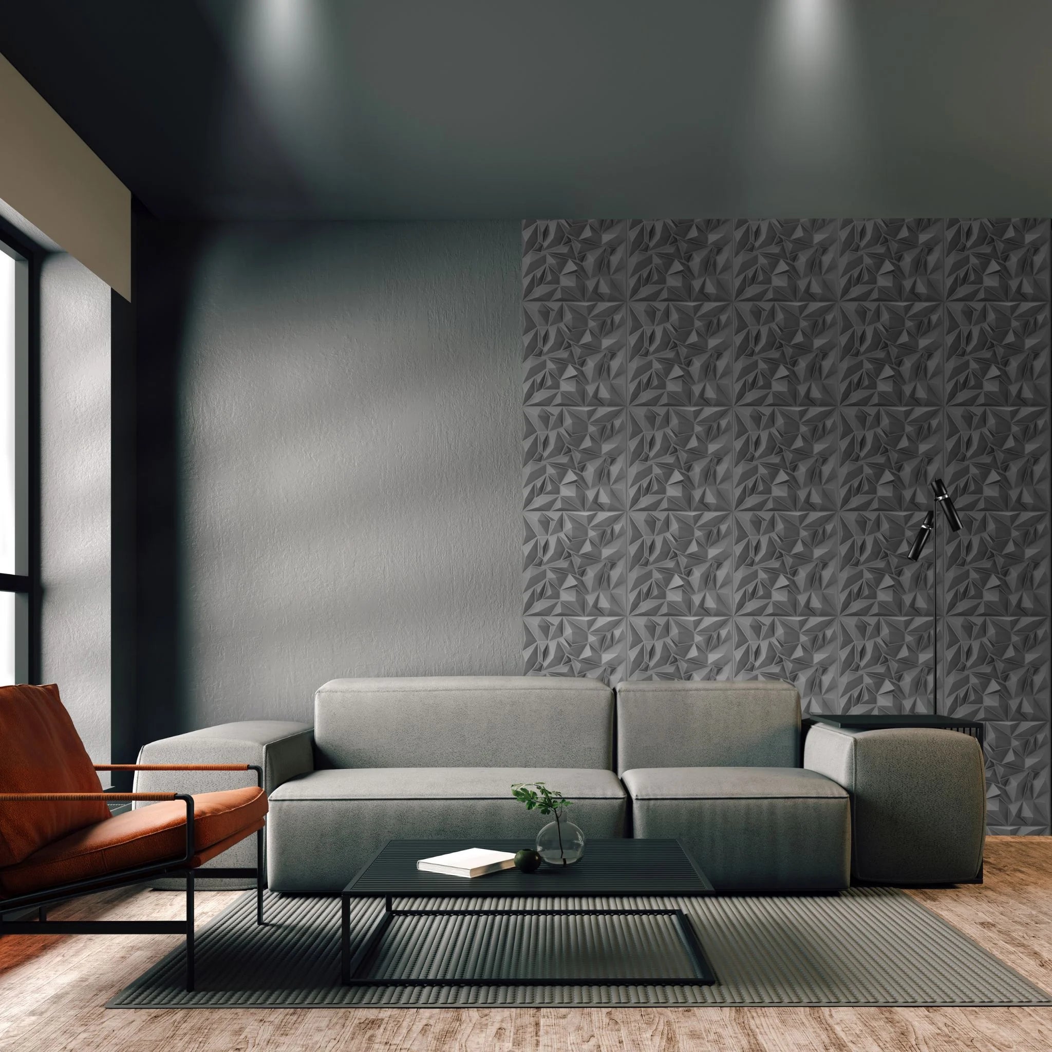 Modern living room with silver PVC wall panel featuring geometric patterns