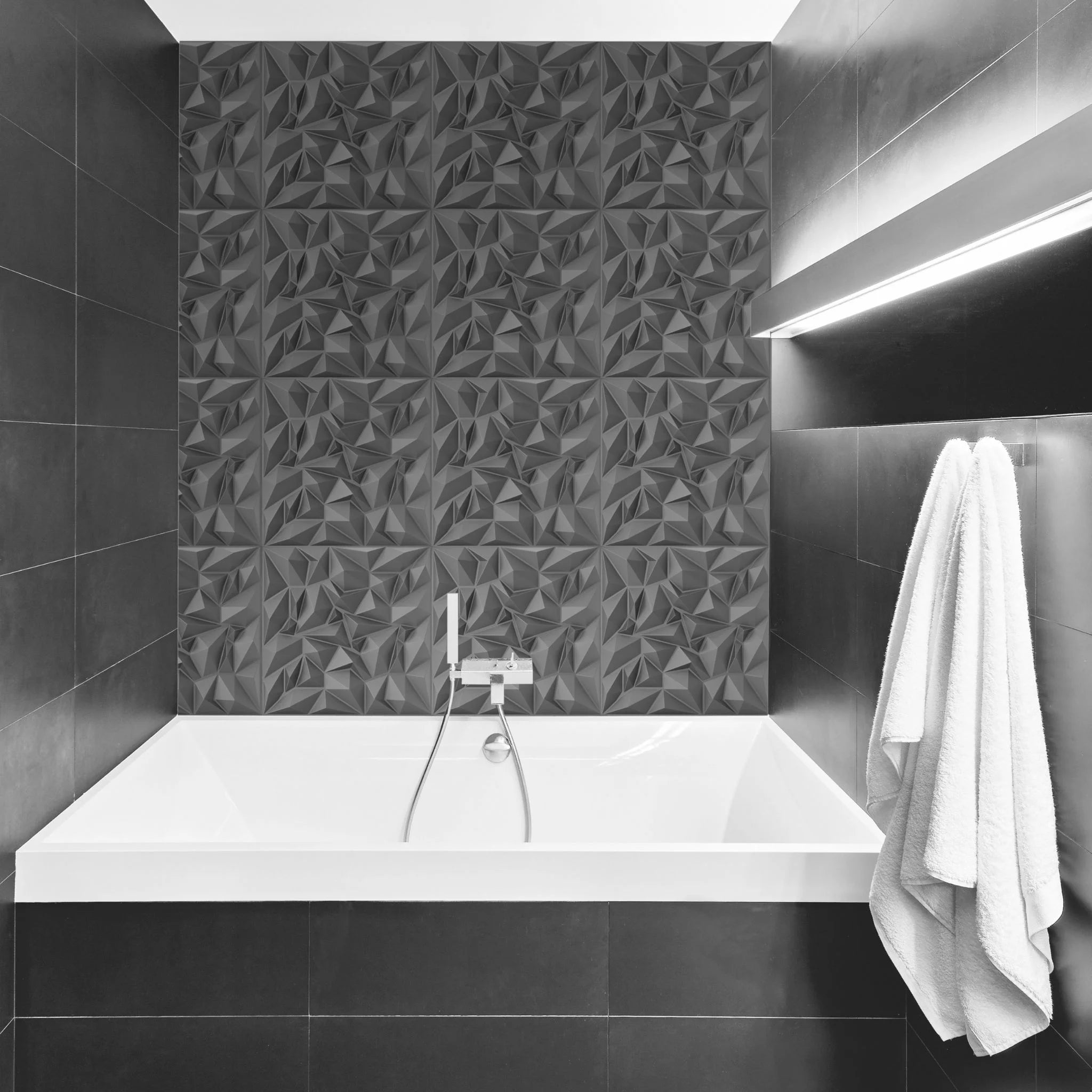 Bathroom with silver geometric-patterned PVC wall panels and modern furniture