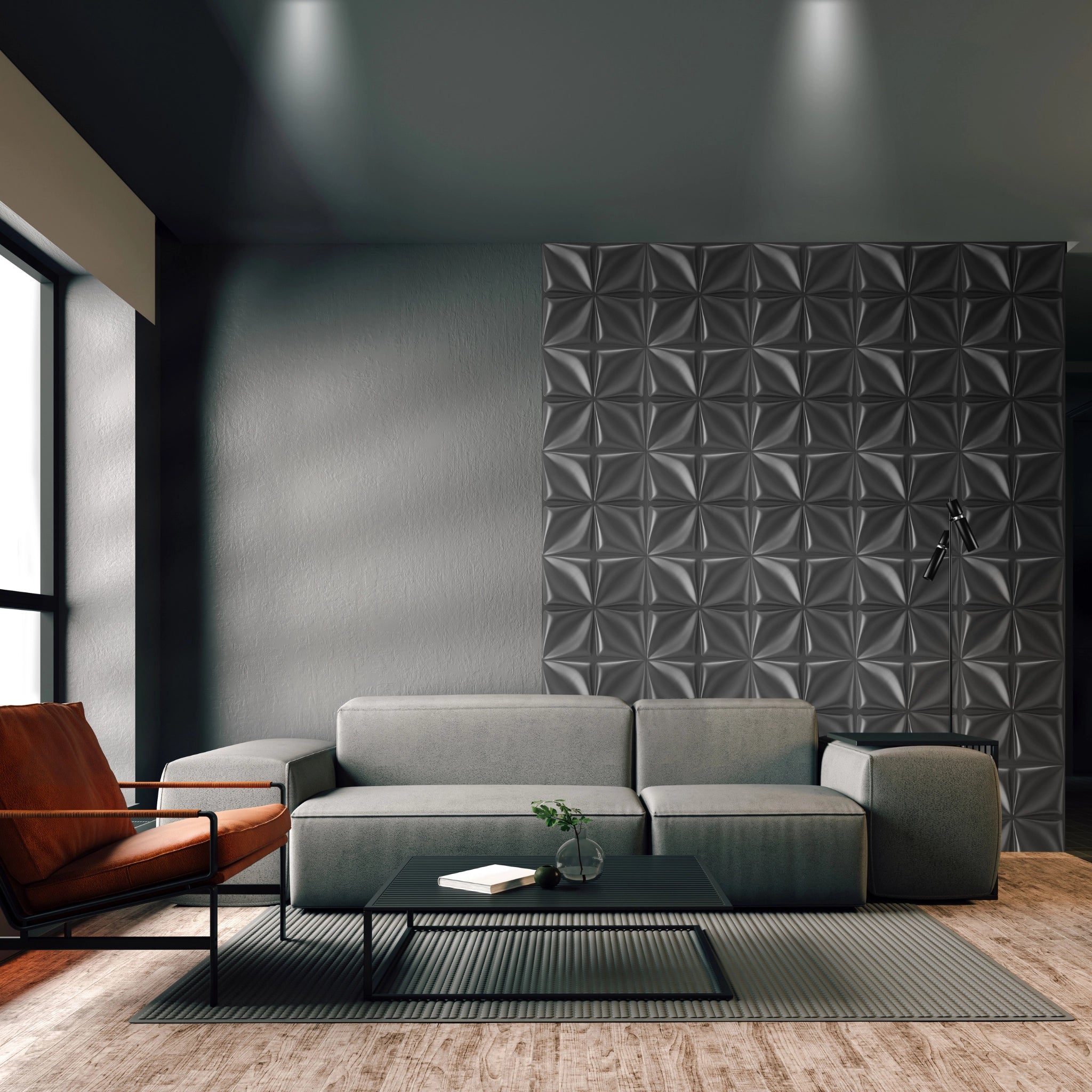 Black 50x50 cm PVC wall panel in stylish living room