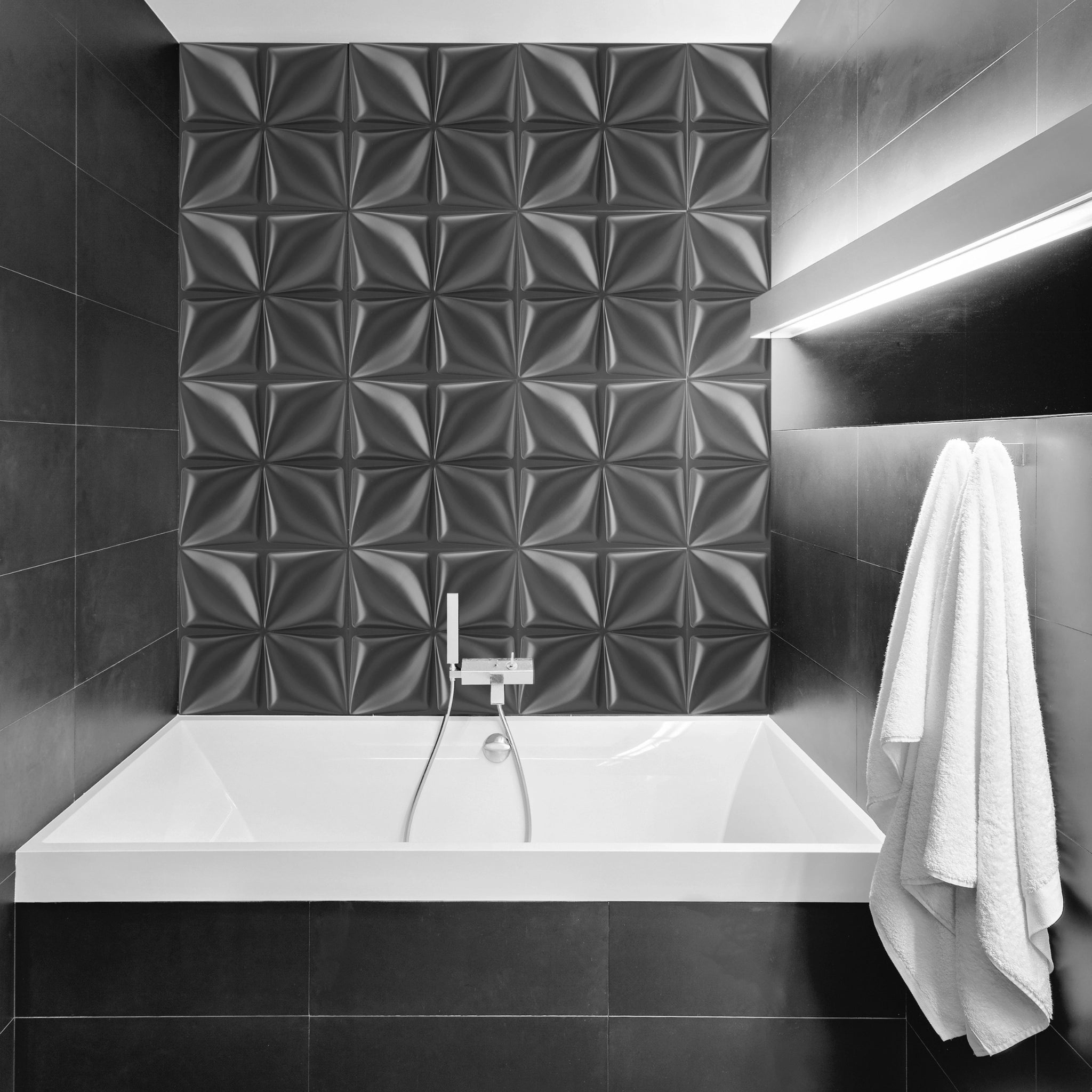 Black 50x50 cm PVC wall panel in sleek bathroom