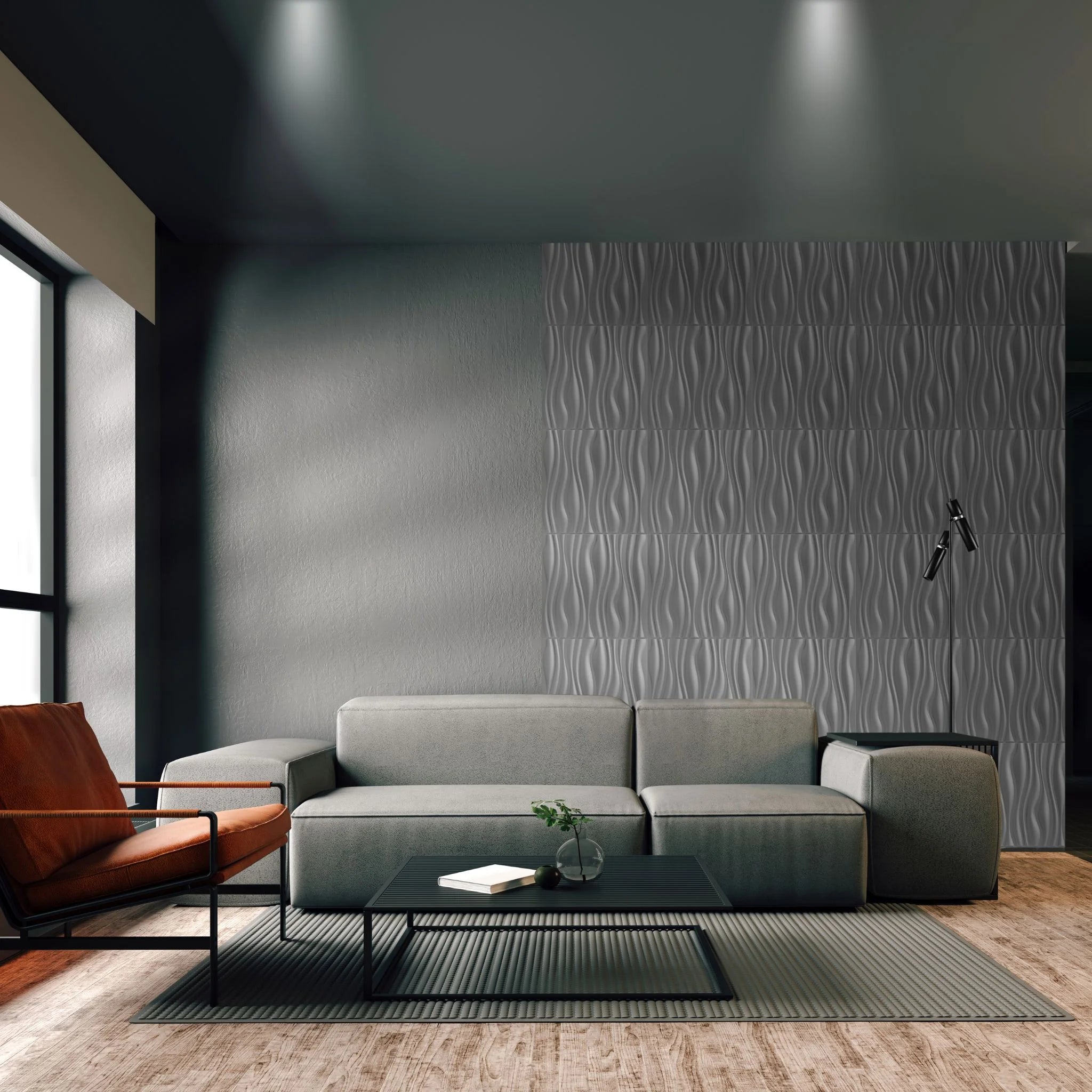 Modern living room with silver PVC wall panel featuring wavy patterns