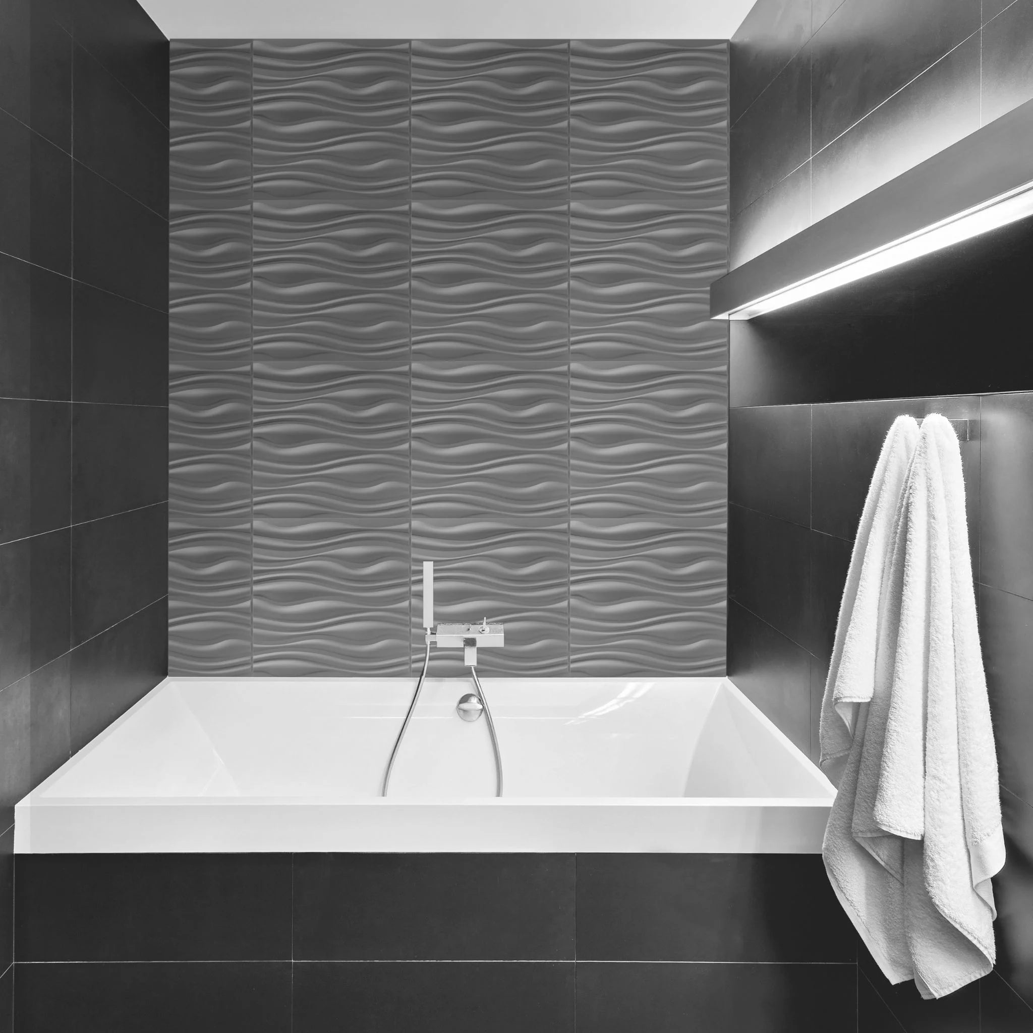 Bathroom with silver wavy-patterned PVC wall panels and modern furniture
