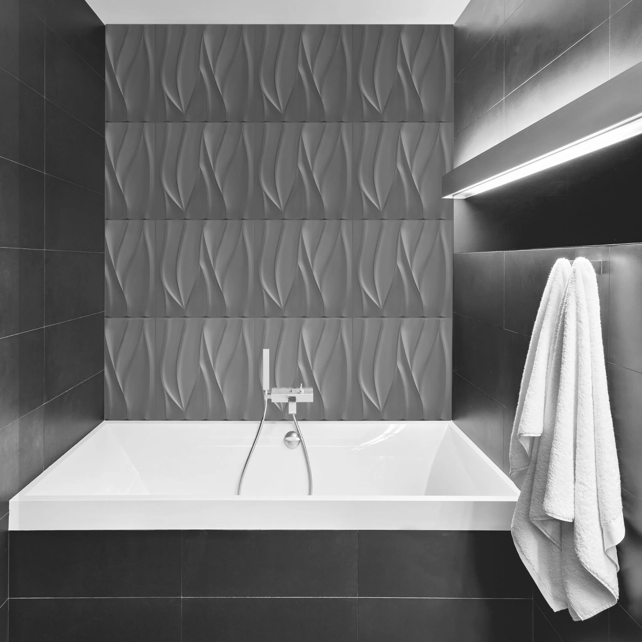 Bathroom with silver wavy-patterned PVC wall panels and modern furniture