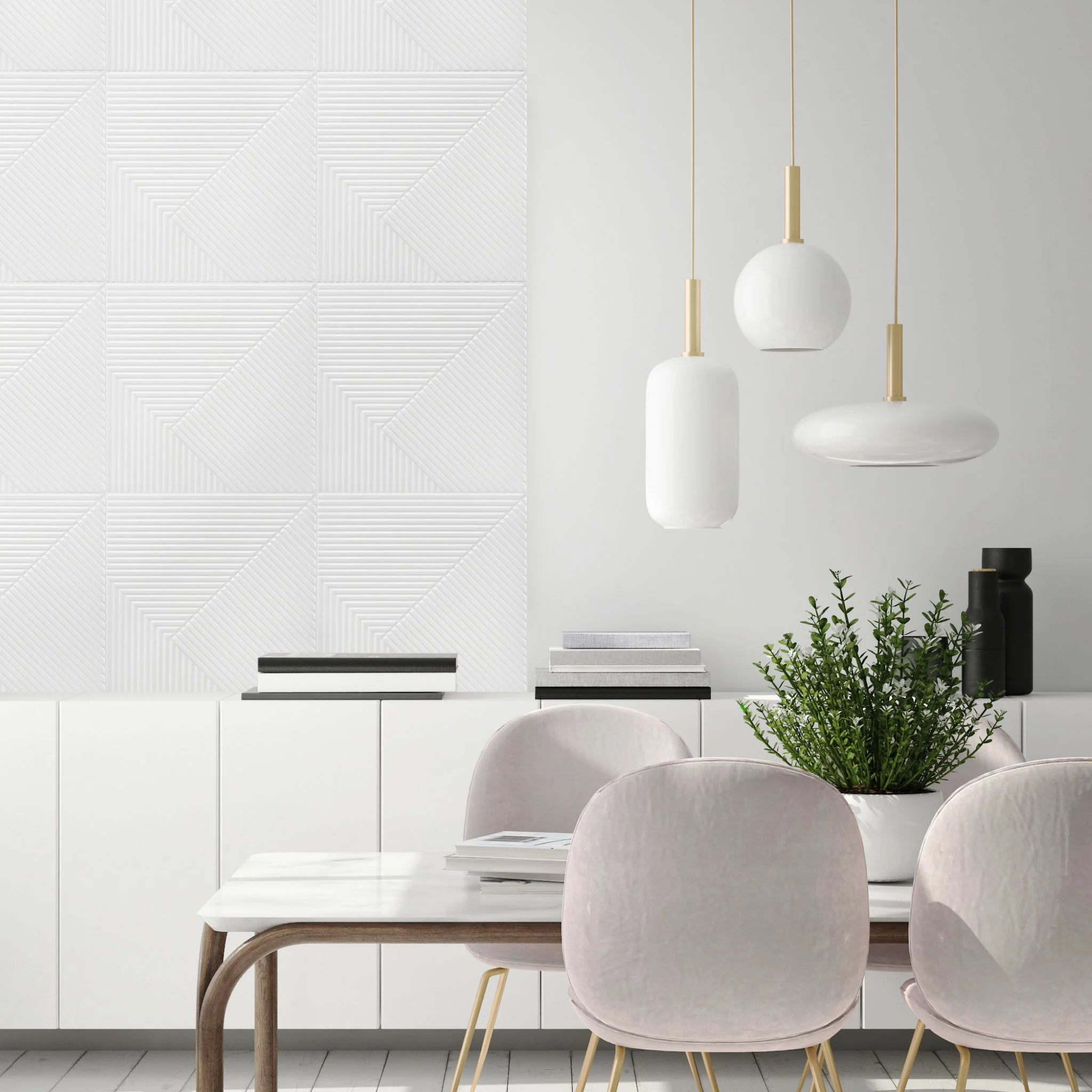 Modern living room with white geometric PVC wall panels