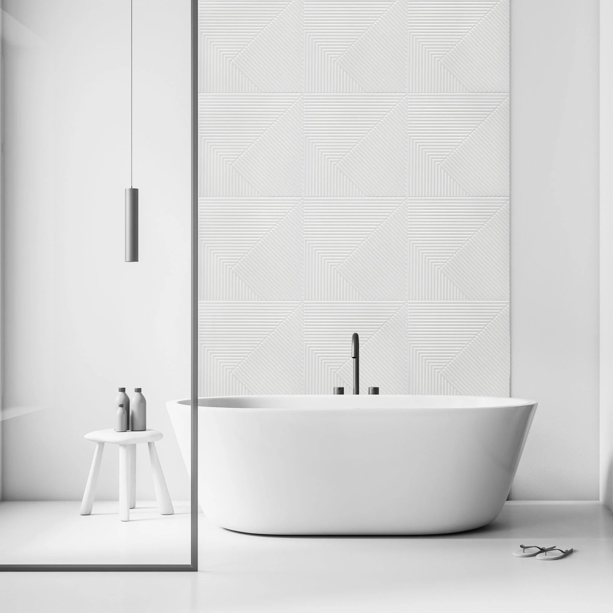 Contemporary bathroom with white geometric PVC wall panels