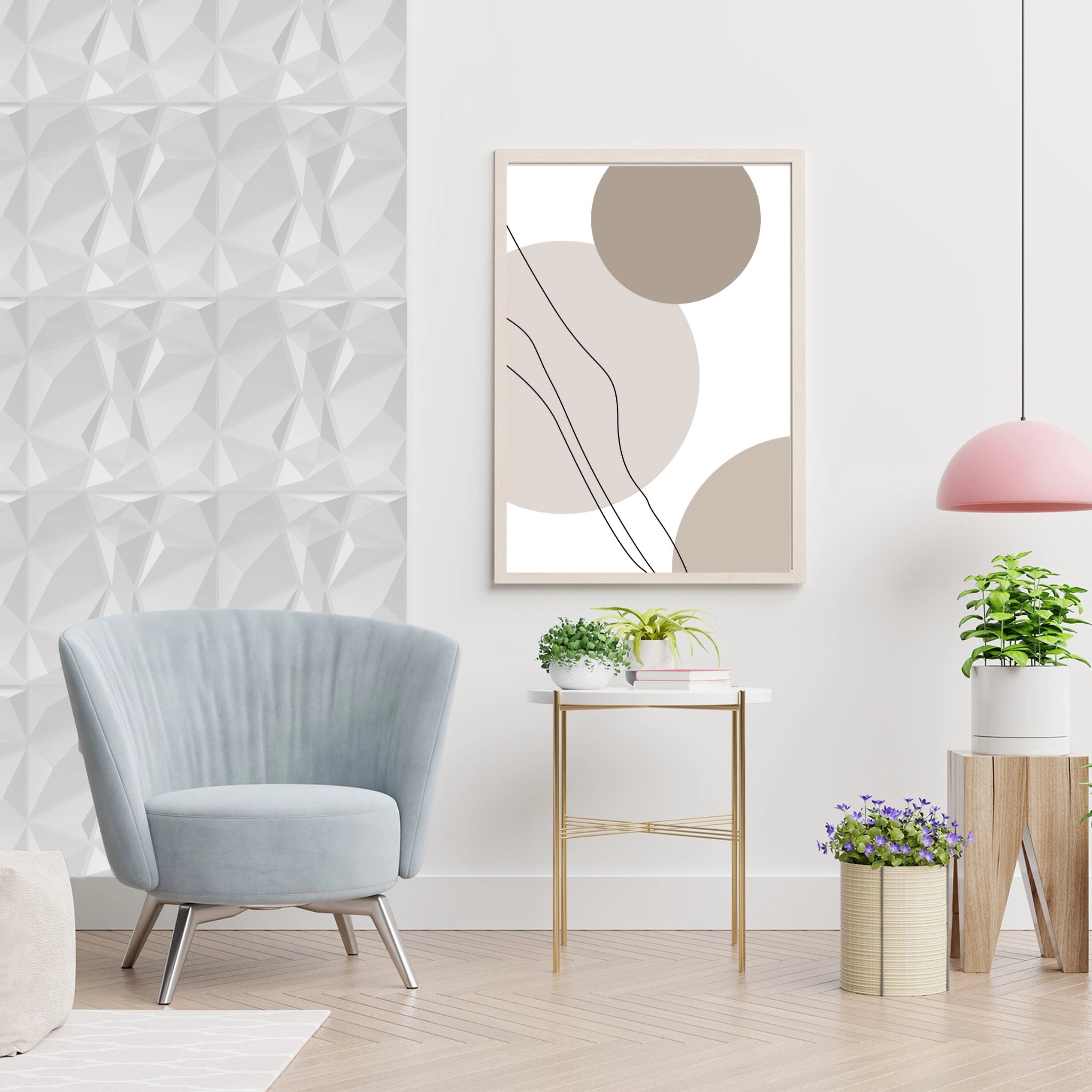White PVC wall panel with geometric design in stylish living room