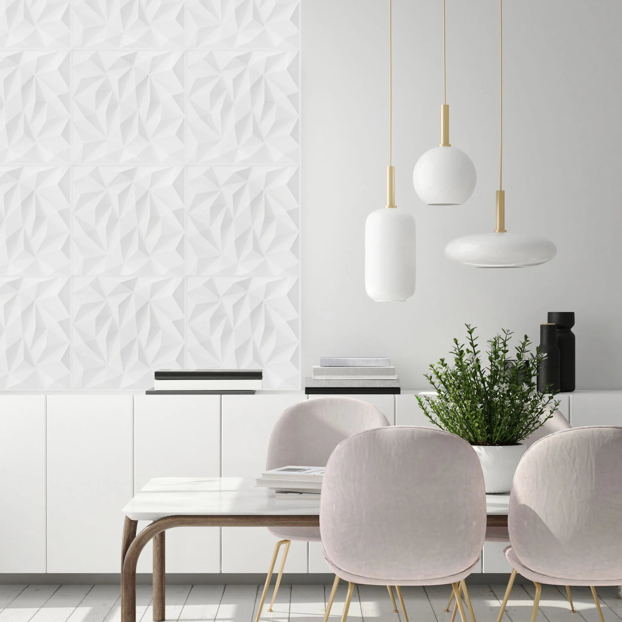 Modern living room with white PVC wall panel featuring geometric patterns