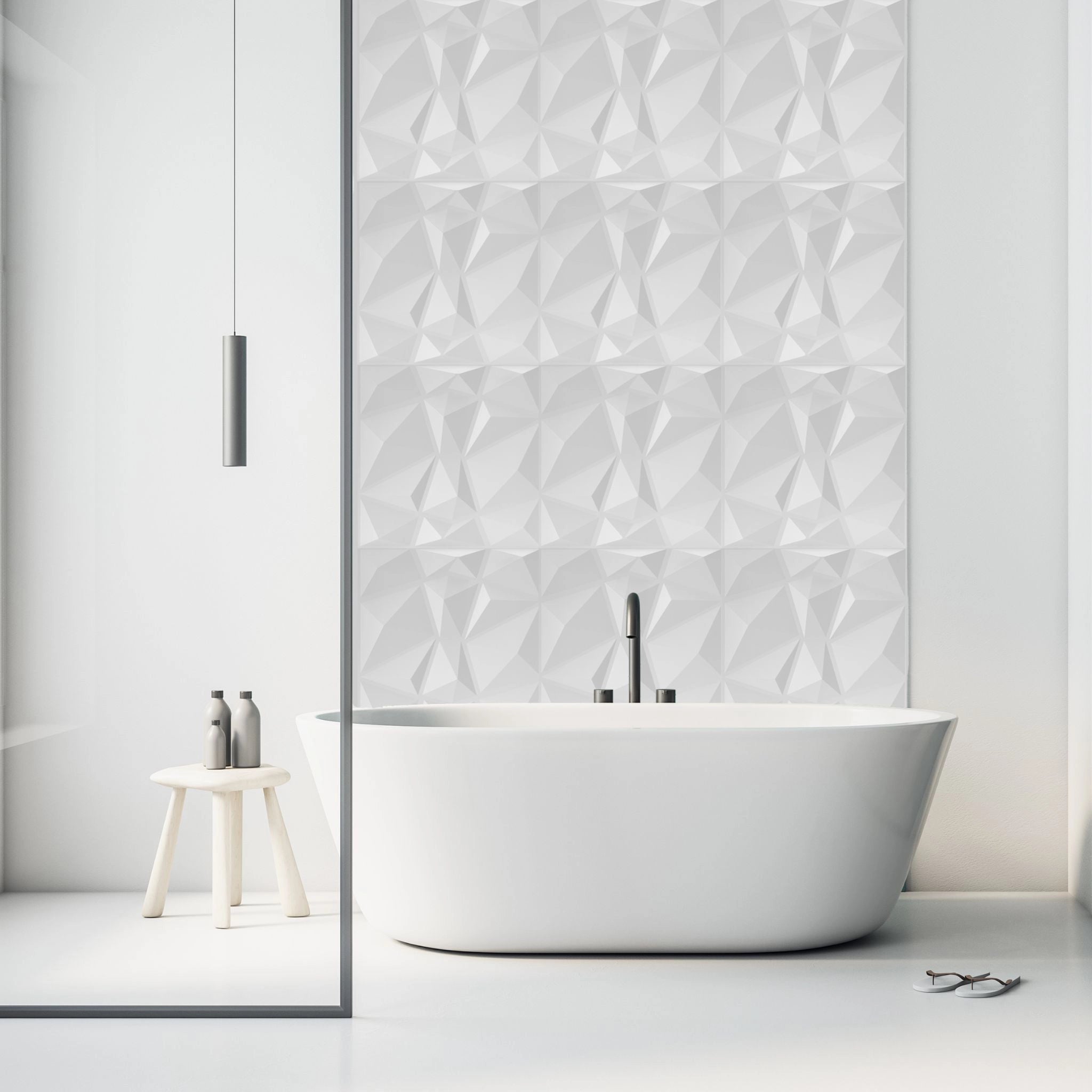 White PVC wall panel with geometric design in stylish Bath room