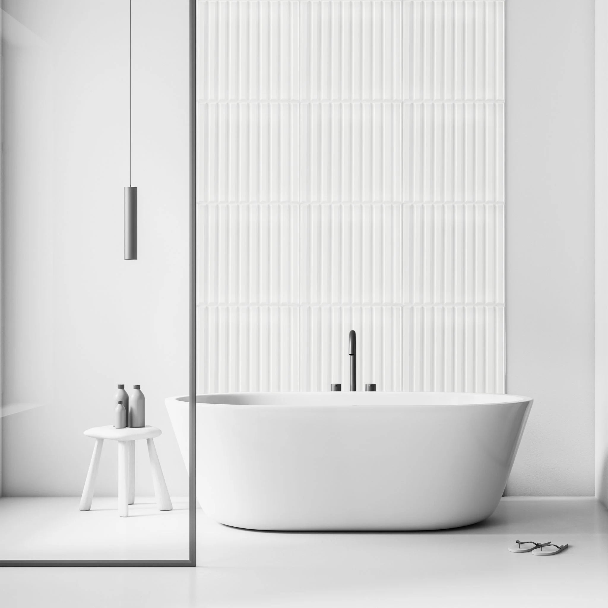 White PVC wall panel with vertical lines in modern bathroom