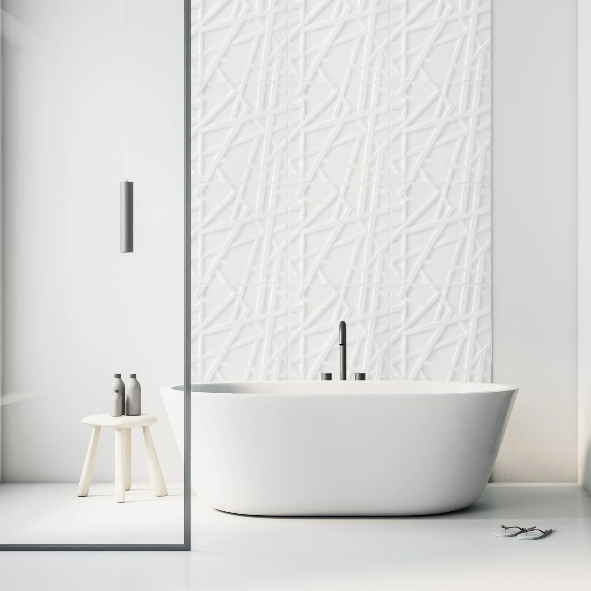 White PVC wall panel with crisscross design in modern bathroom