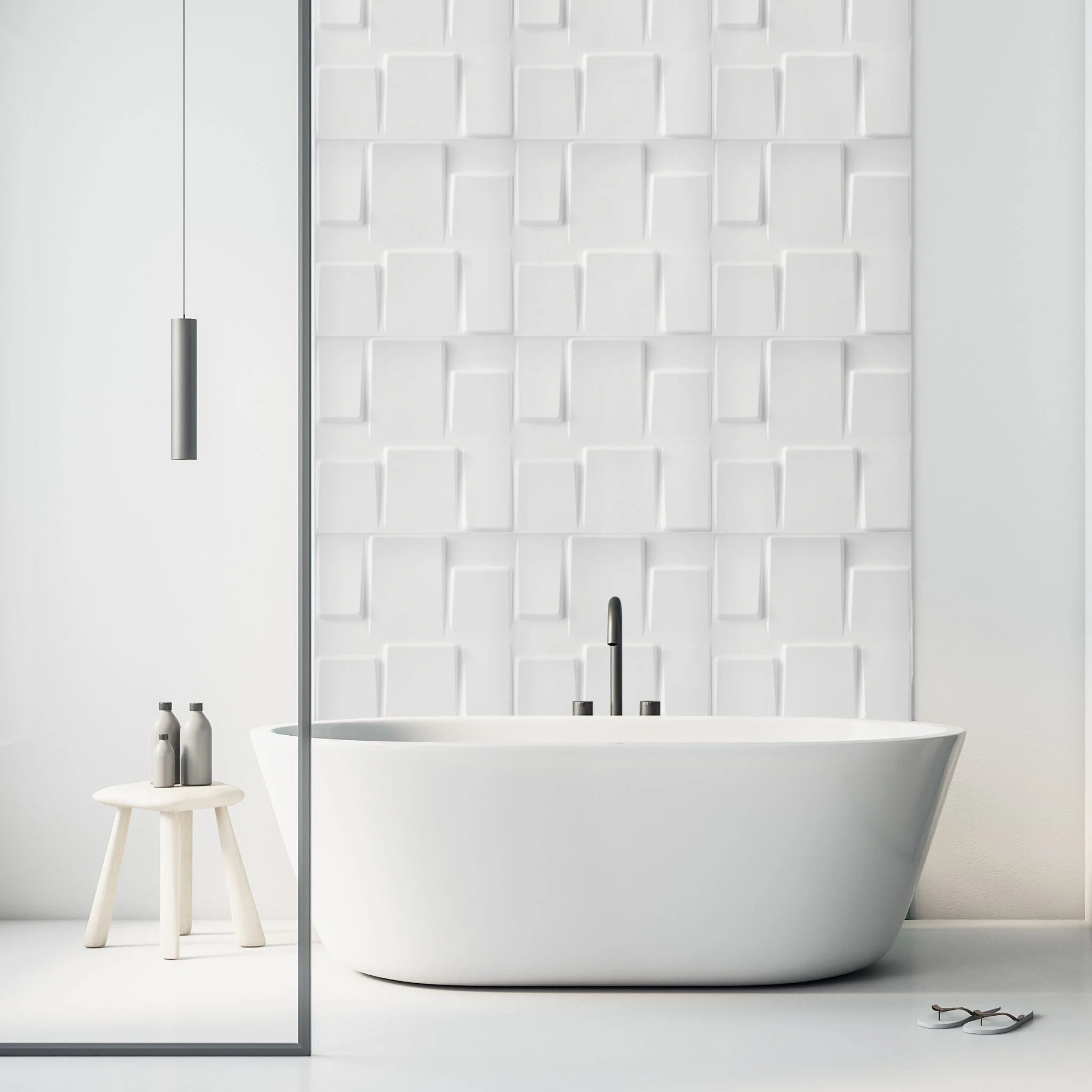White PVC wall panel with geometric pattern in minimalist bathroom
